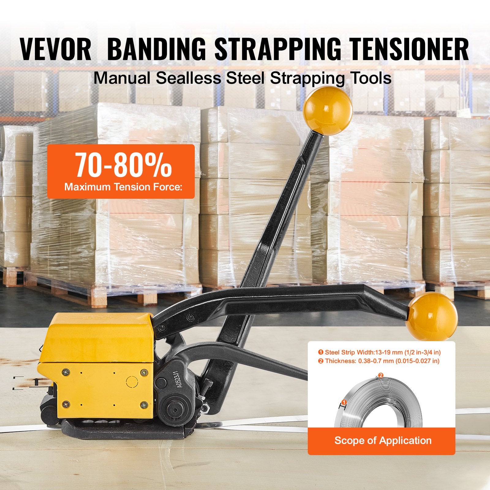 VEVOR Steel Strapping Tool for 13-19 mm Width, 3-in-1 Tensioner, Crimper, Cutter Manual Belt Packaging Banding Machine Packaging Metal Steel Strapping Banding Tool Machine for Stainless Steel Strap