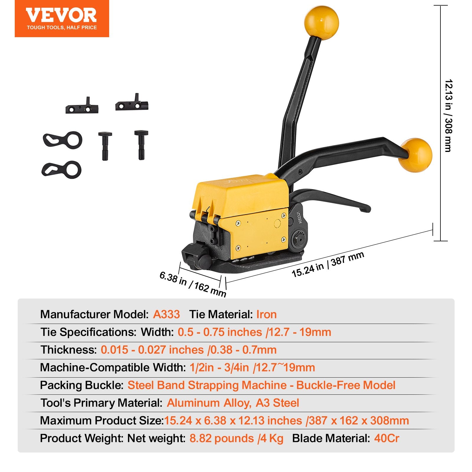 VEVOR Steel Strapping Tool for 13-19 mm Width, 3-in-1 Tensioner, Crimper, Cutter Manual Belt Packaging Banding Machine Packaging Metal Steel Strapping Banding Tool Machine for Stainless Steel Strap