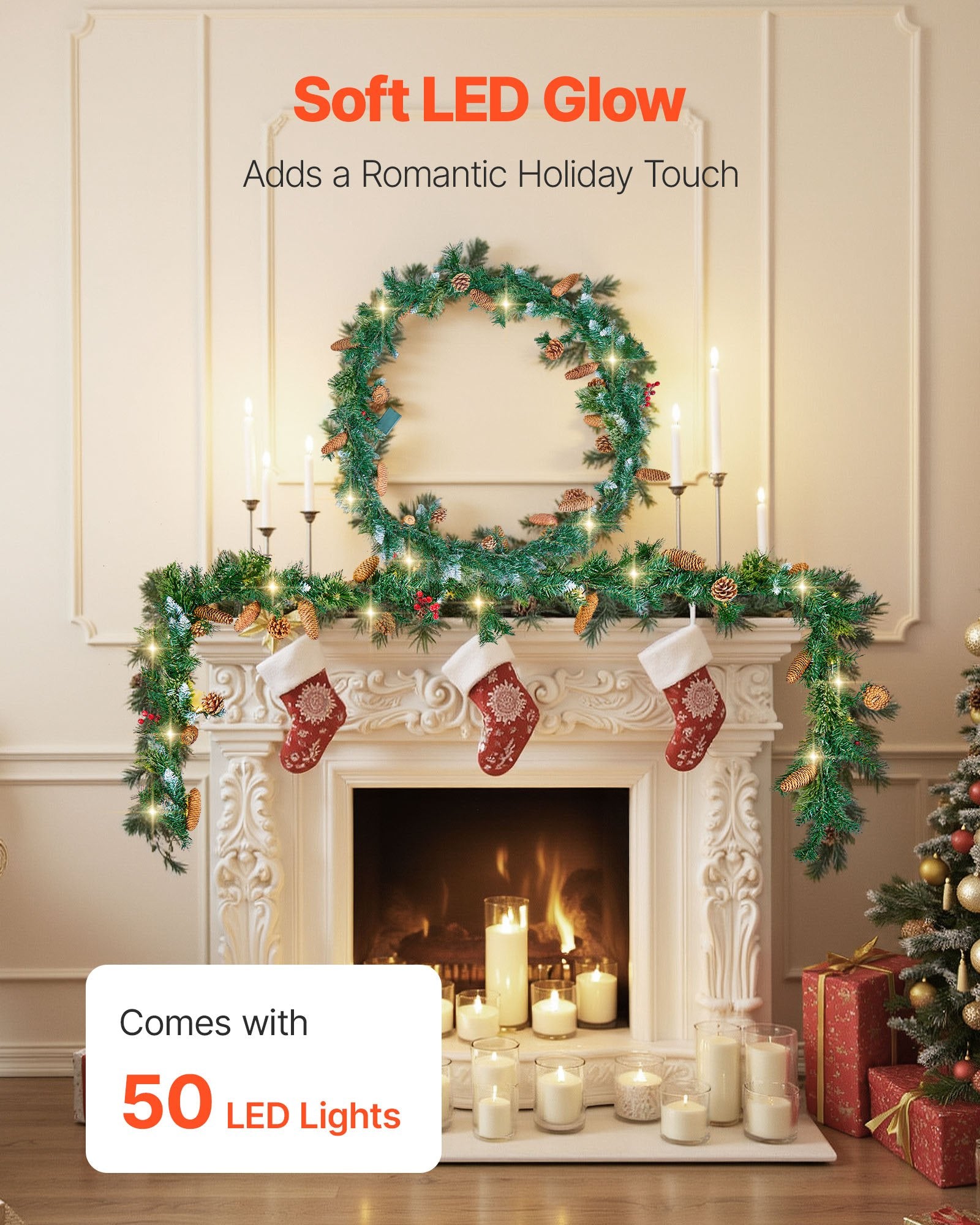 VEVOR Christmas Garland, 2750mm Artificial Christmas Garland with Light String, Faux Greenery Decoration with Berry Clusters, Pine Needles, Pine Cones, Realistic Xmas Collection for Mantel Fireplace