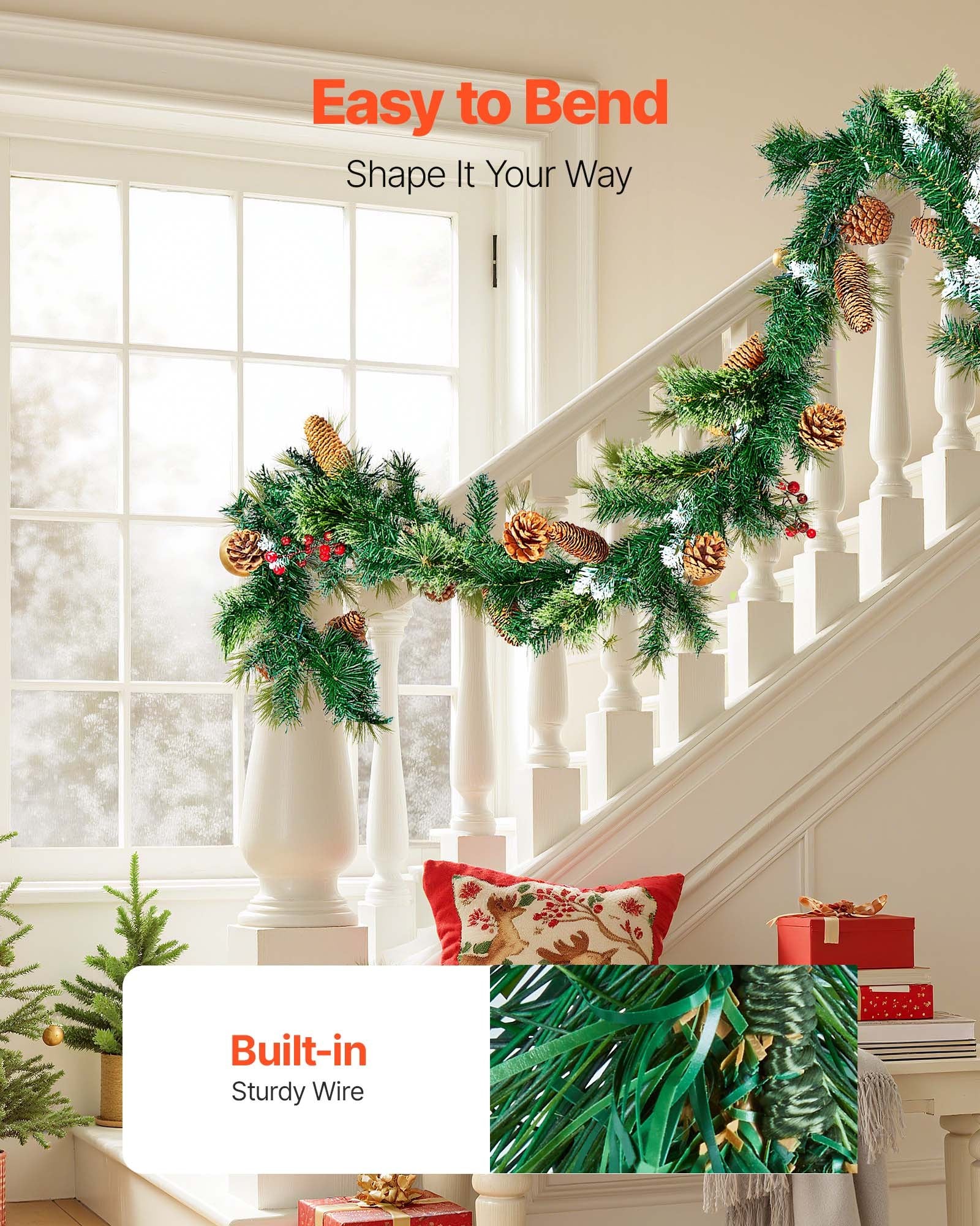 VEVOR Christmas Garland, 2750mm Artificial Christmas Garland with Light String, Faux Greenery Decoration with Berry Clusters, Pine Needles, Pine Cones, Realistic Xmas Collection for Mantel Fireplace