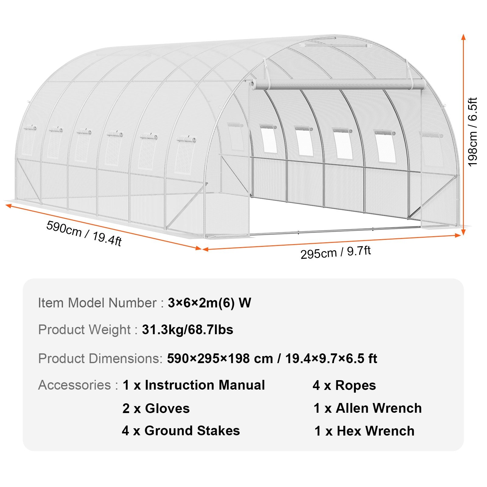 VEVOR Walk-in Tunnel Greenhouse, 19.4x9.7x6.5 ft Hoop House Greenhouse Tunnel, Plant Hot House with Galvanized Steel Frame, White PE Cover, Roll-up Zipper Door and 12 Windows for Outdoor
