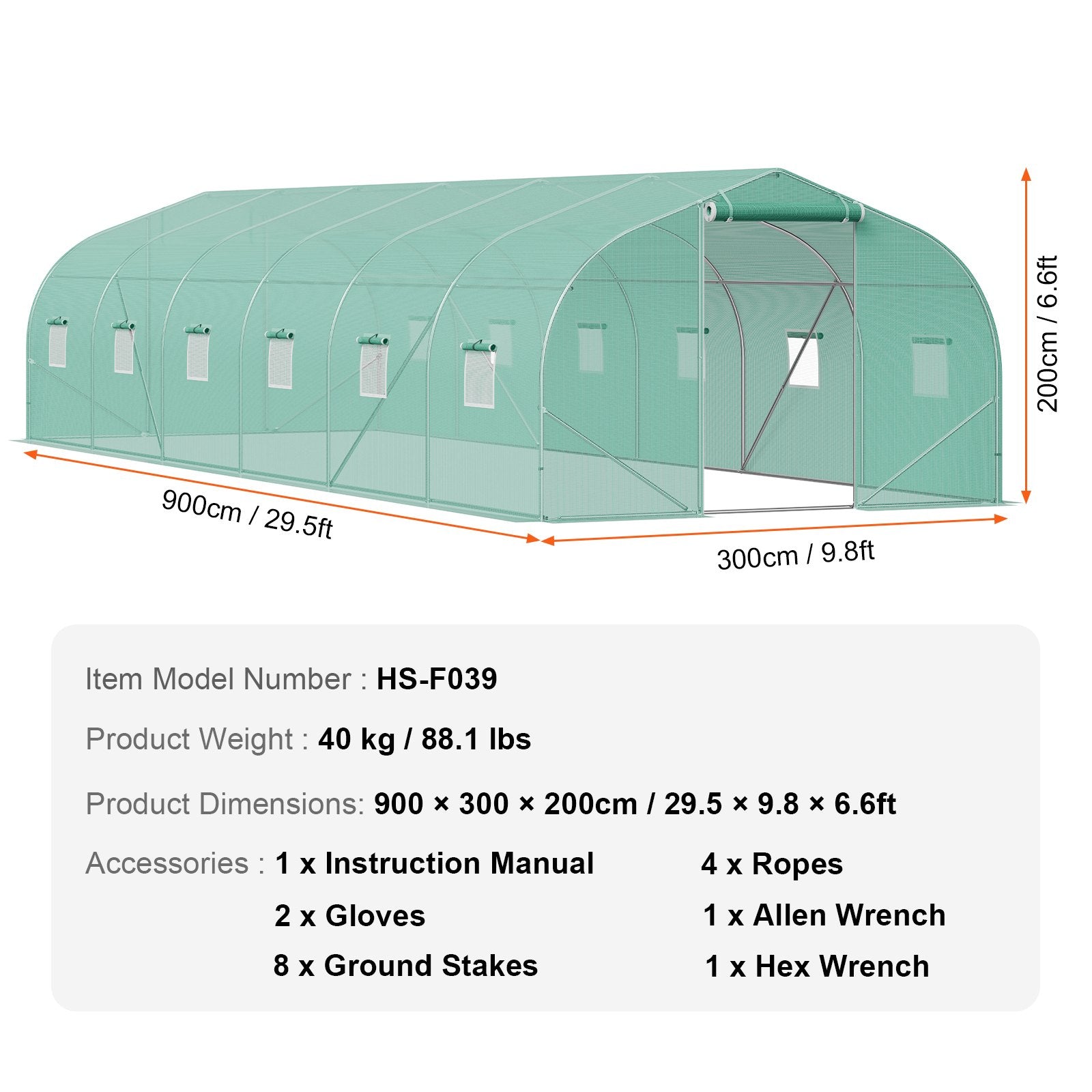 VEVOR Walk-in Tunnel Greenhouse, 29.5x9.8x6.6 ft Hoop House Greenhouse Tunnel, Peaked Roof Plant Hot House with Galvanized Steel Frame, Green PE Cover, Roll-up Zipper Door and 12 Windows for Outdoor