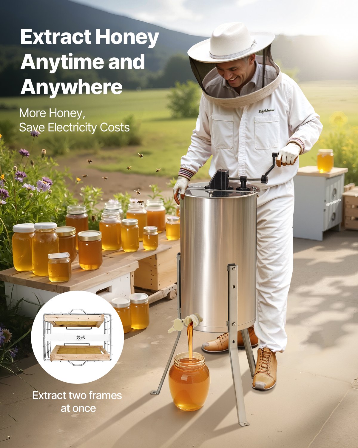 VEVOR Honey Extractor, 2 Frame Manual Honey Spinner with Transparent Lid, Stainless Steel Honeycomb Drum Spinner with Height Adjustable Stand, Honeycomb Extraction Centrifuge Equipment for Beekeeping