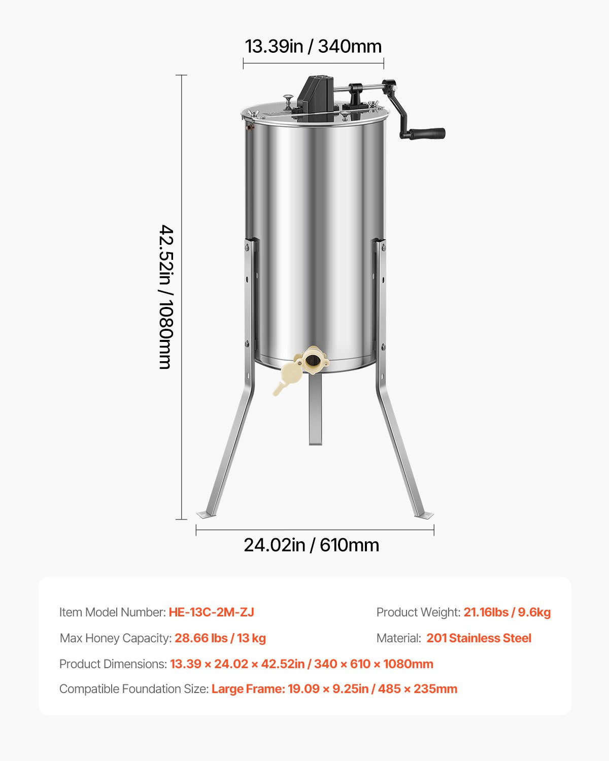 VEVOR Honey Extractor, 2 Frame Manual Honey Spinner with Transparent Lid, Stainless Steel Honeycomb Drum Spinner with Height Adjustable Stand, Honeycomb Extraction Centrifuge Equipment for Beekeeping