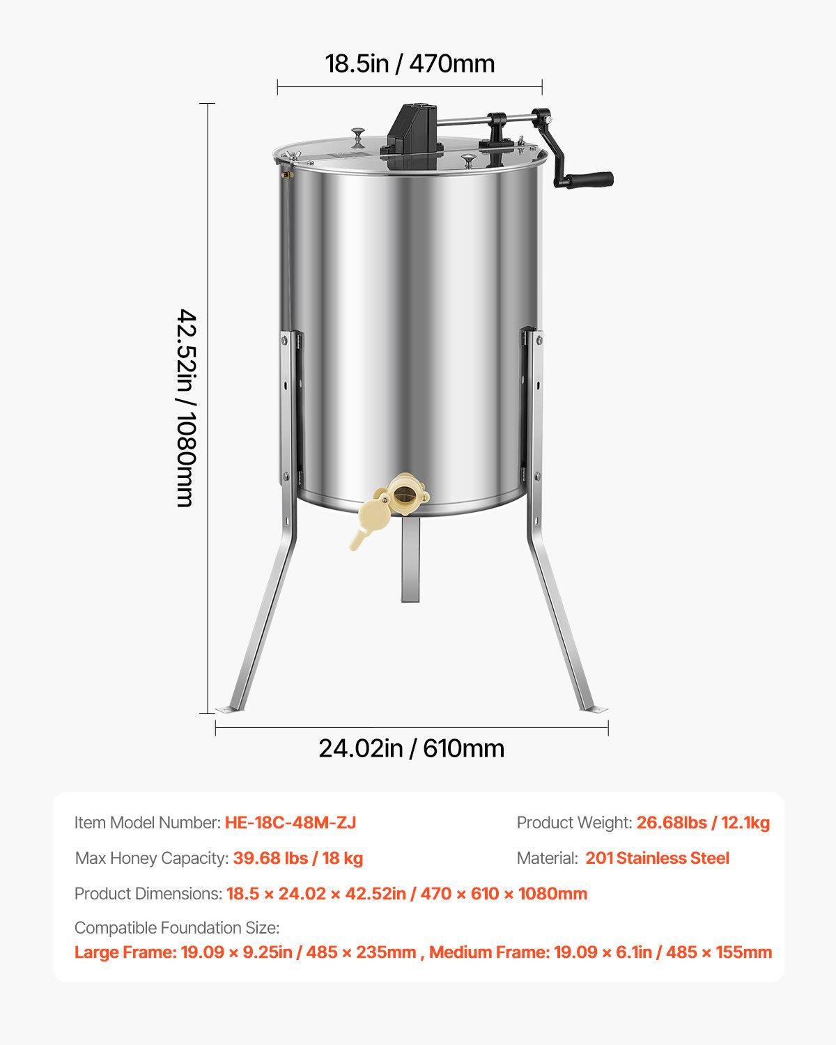 VEVOR Honey Extractor, 4/8 Frame Manual Honey Spinner with Transparent Lid, Stainless Steel Honeycomb Drum Spinner with Height Adjustable Stand, Honeycomb Extraction Equipment for Beekeeping