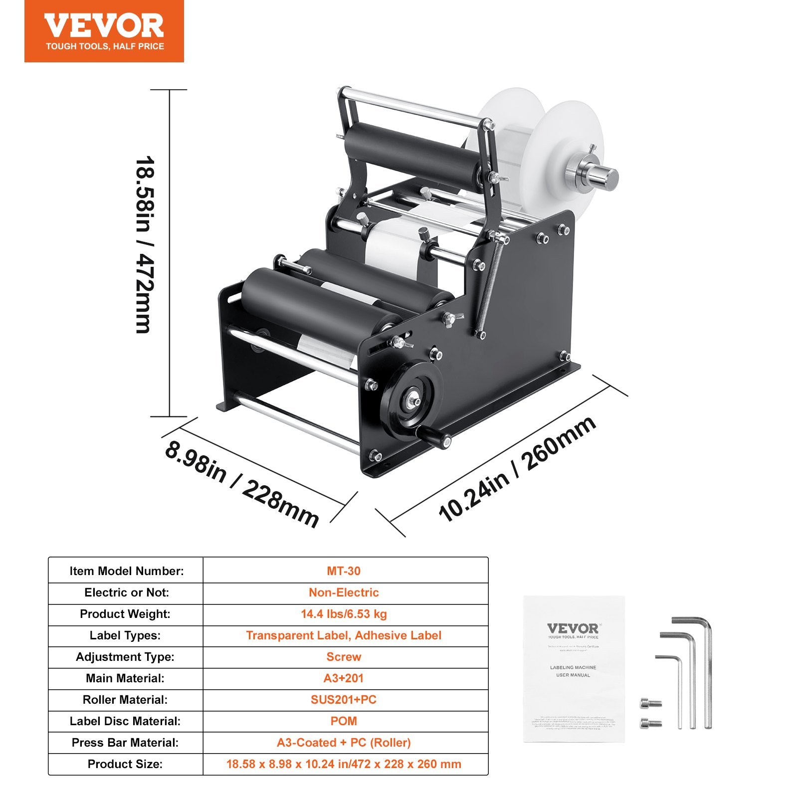 VEVOR Manual Round Labeling Machine, 15-20pcs/min, Bottle Label Applicator for Round Bottles, Adjustable Manual Round Bottle Labeler Suitable for Round Bottle Diameter 20-120 mm with Pressing Bar