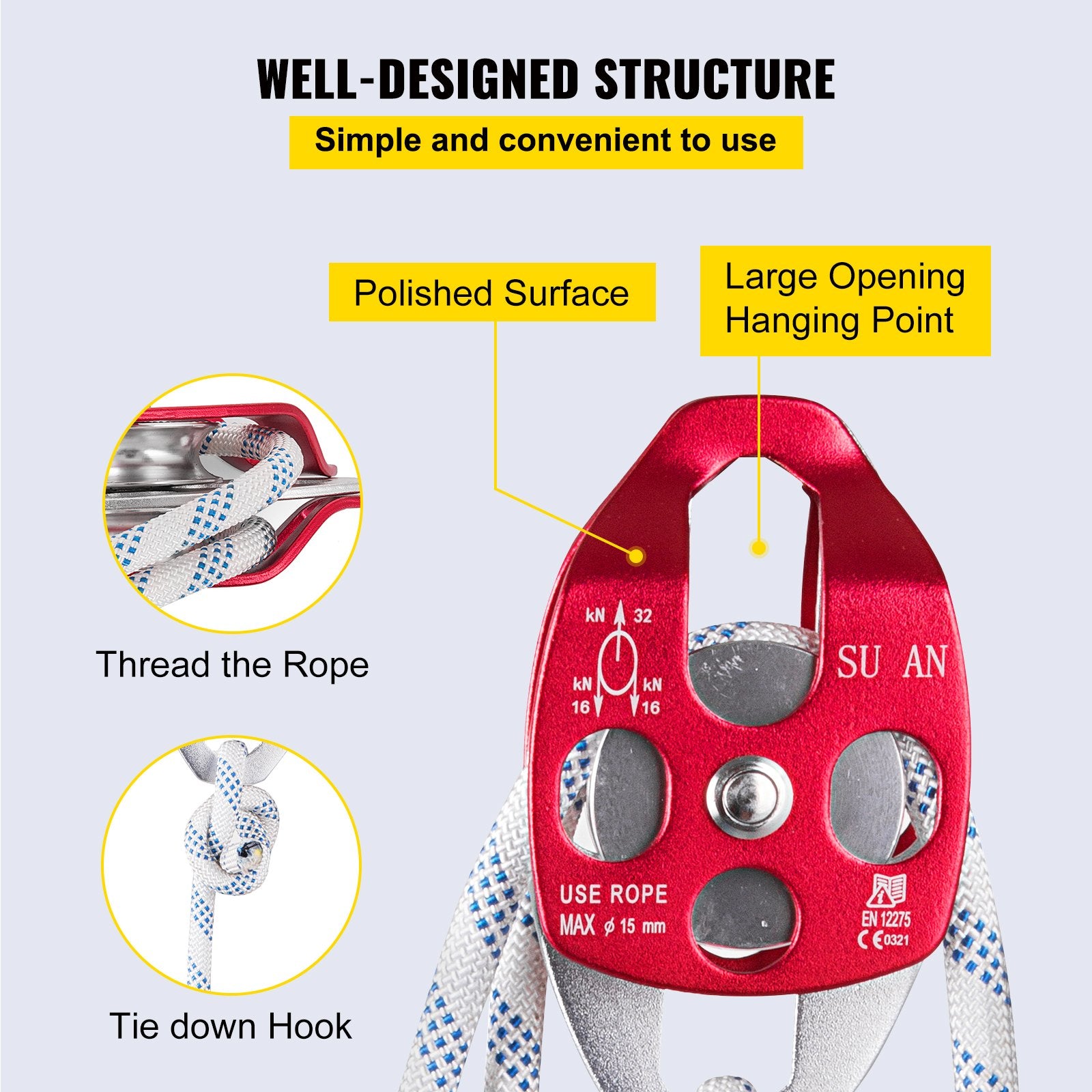 VEVOR Twin Sheave Block and Tackle 1.09-1.27cm 3048-6096cm Twin Sheave Block with Braid Rope 30-35KN 2994-3495KGS Double Pulley Rigging 1/2" x 200'