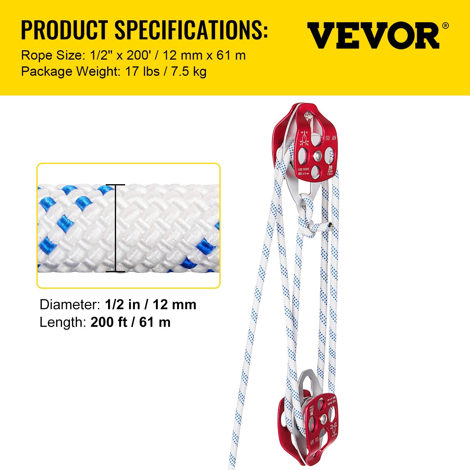 VEVOR Twin Sheave Block and Tackle 1.09-1.27cm 3048-6096cm Twin Sheave Block with Braid Rope 30-35KN 2994-3495KGS Double Pulley Rigging 1/2" x 200'
