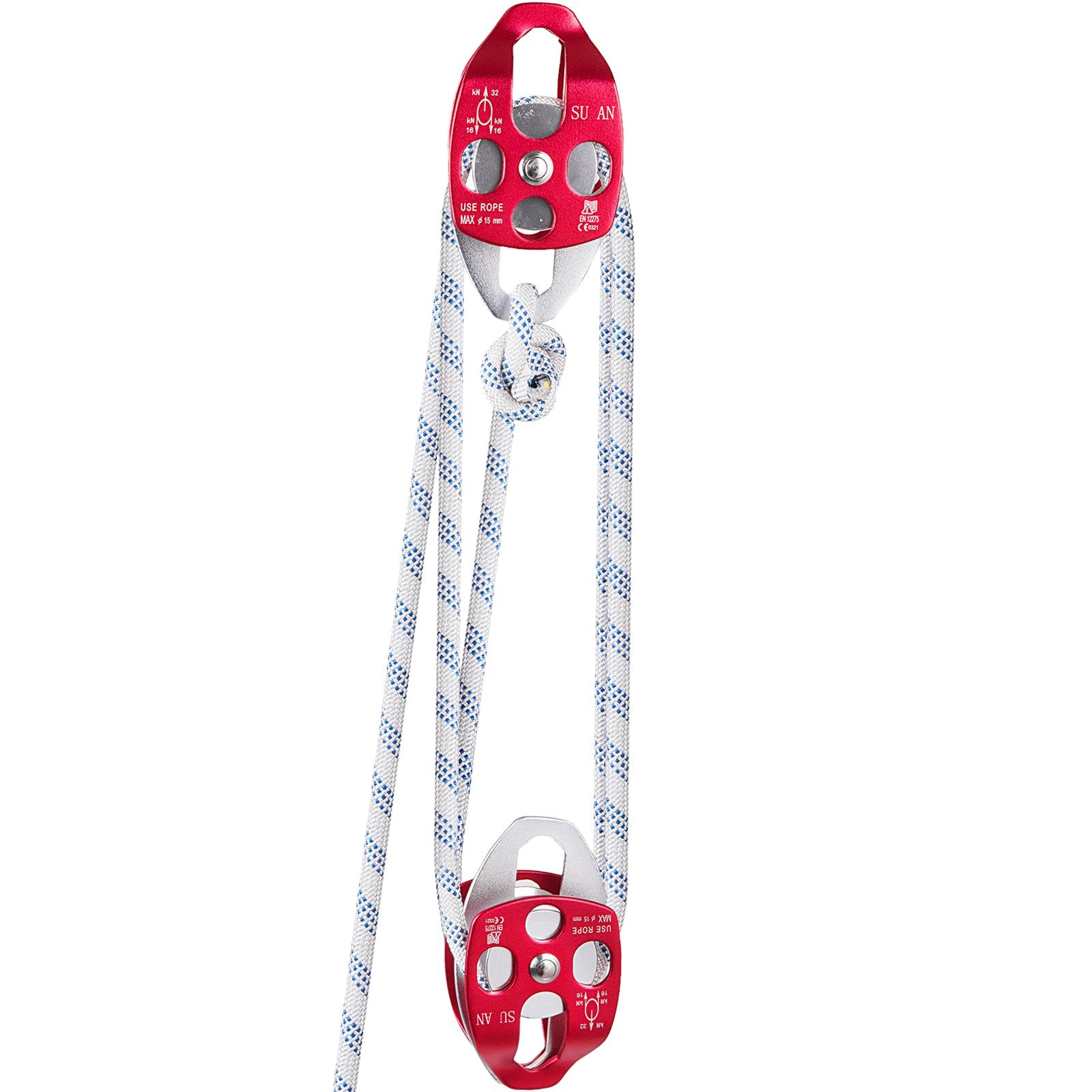 VEVOR Twin Sheave Block and Tackle 1.09-1.27cm 3048-6096cm Twin Sheave Block with Braid Rope 30-35KN 2994-3495KGS Double Pulley Rigging 1/2" x 200'