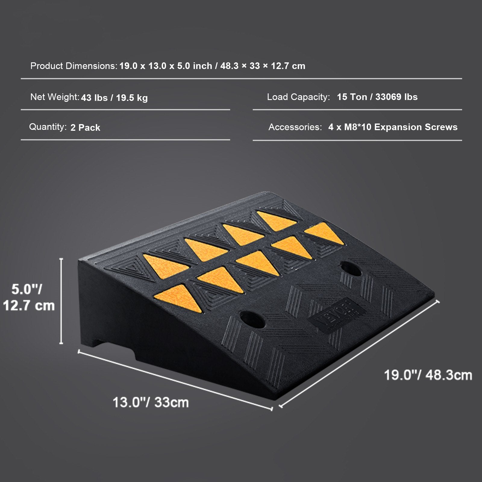 VEVOR Rubber Curb Ramp 2 Pack, 12.7 cm Rise Height Heavy-Duty 15 tons Load Capacity Threshold Ramps, Driveway Ramps with Stable Grid Structure for Cars, Wheelchairs, Bikes, Motorcycles