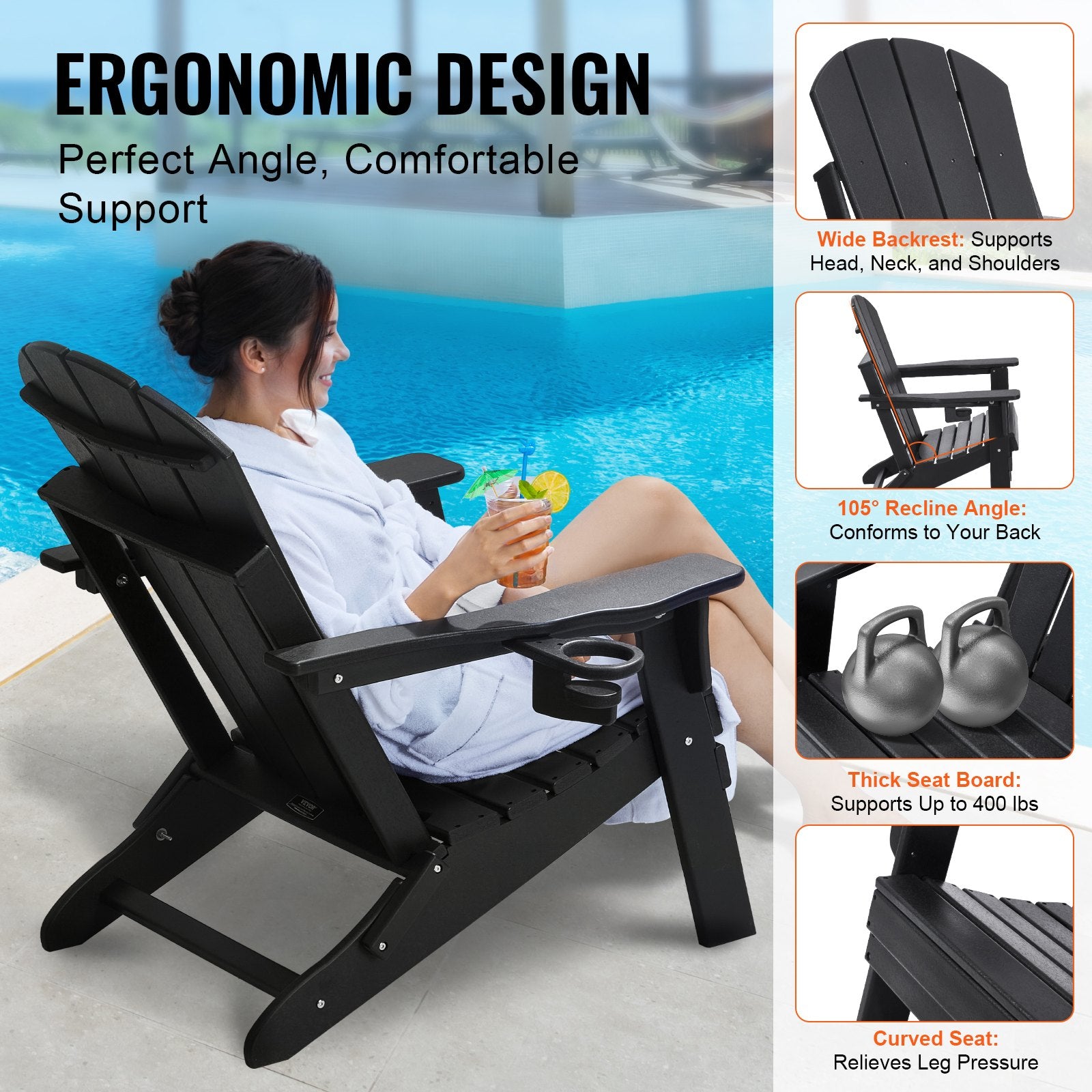 VEVOR Adirondack Chair Plastic, Set of 2 All-Weather Portable Folding Fire Pit Chair, Outdoor Adirondack Patio Chair with Cup Holder, with Relaxing Arm Rest Ergonomic, for Garden, Backyard - Black