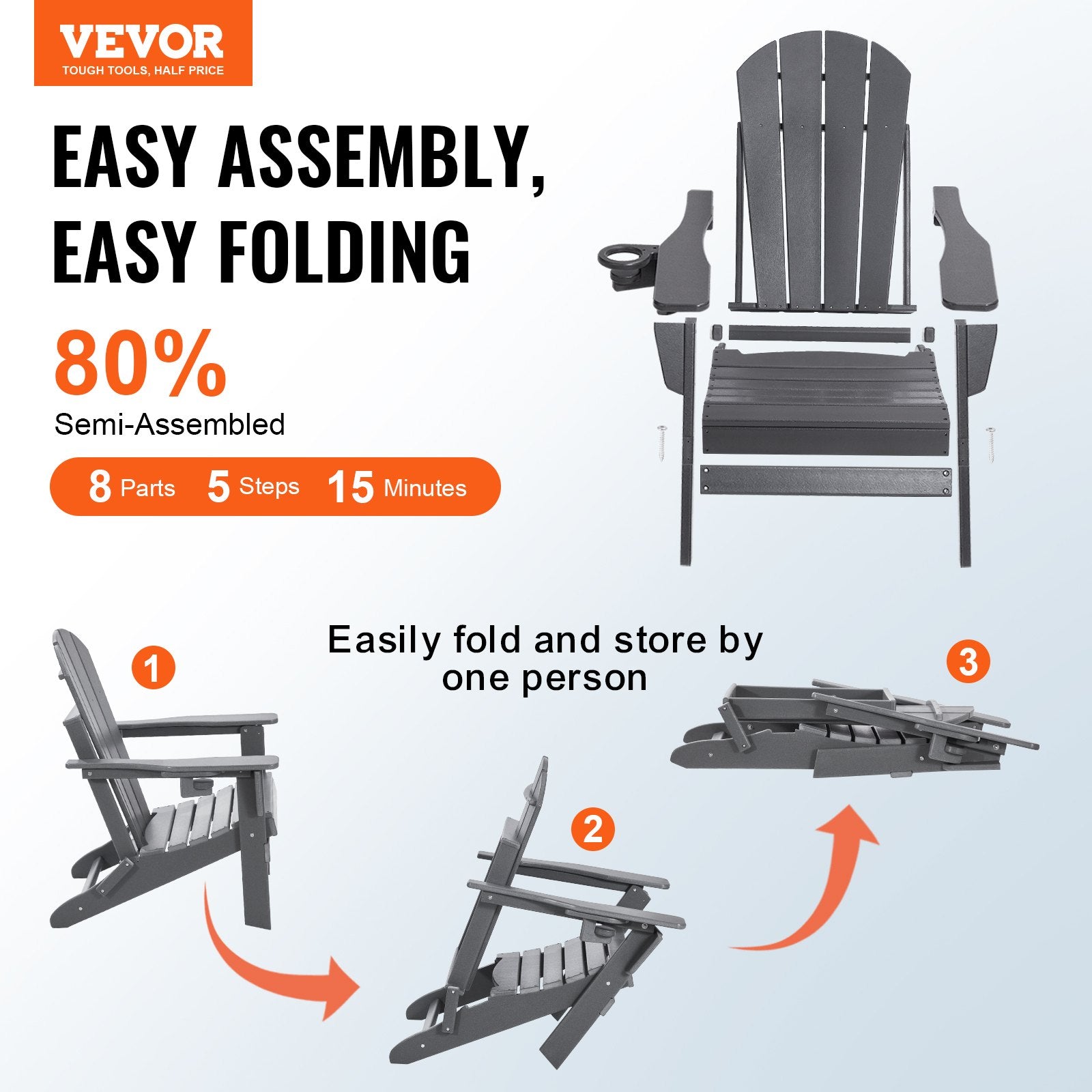 VEVOR Adirondack Chair Plastic, Set of 2 All-Weather Portable Folding Fire Pit Chair, Outdoor Adirondack Patio Chair with Cup Holder, with Relaxing Arm Rest Ergonomic, for Garden, Backyard - Gray