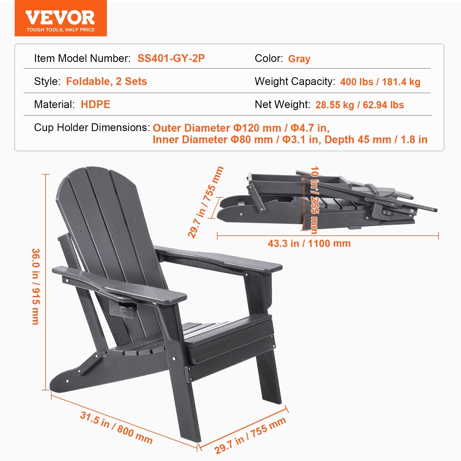 VEVOR Adirondack Chair Plastic, Set of 2 All-Weather Portable Folding Fire Pit Chair, Outdoor Adirondack Patio Chair with Cup Holder, with Relaxing Arm Rest Ergonomic, for Garden, Backyard - Gray