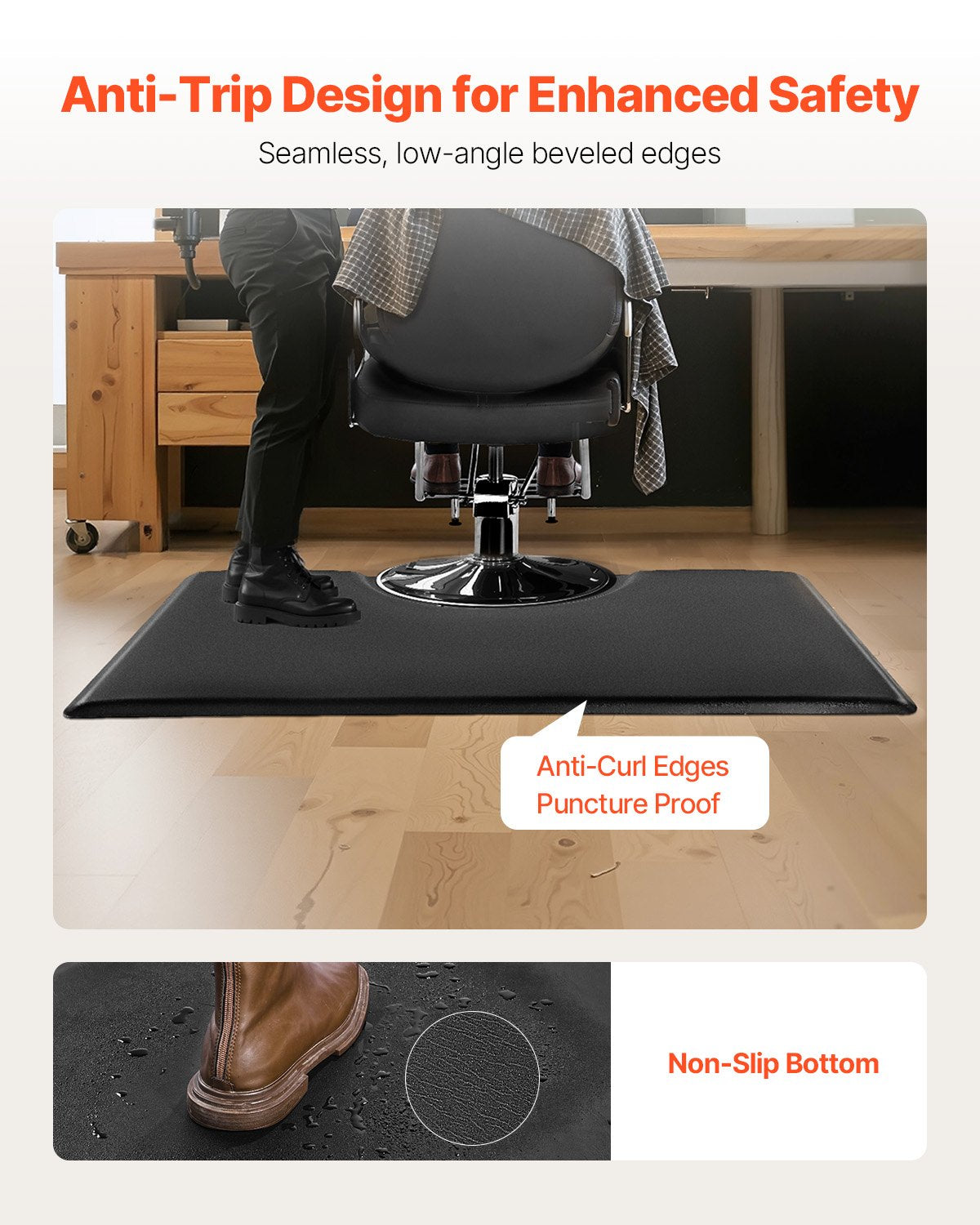 VEVOR Salon Mat for Hair Stylist, 1525 x 915 mm Rectangle Salon Chair Mat Anti Fatigue, 23mm Thickened PVC + PU Barber Shop Floor Mat with Round Cut Out, Anti-Trip Beveled Edges & Non-slip Bottom