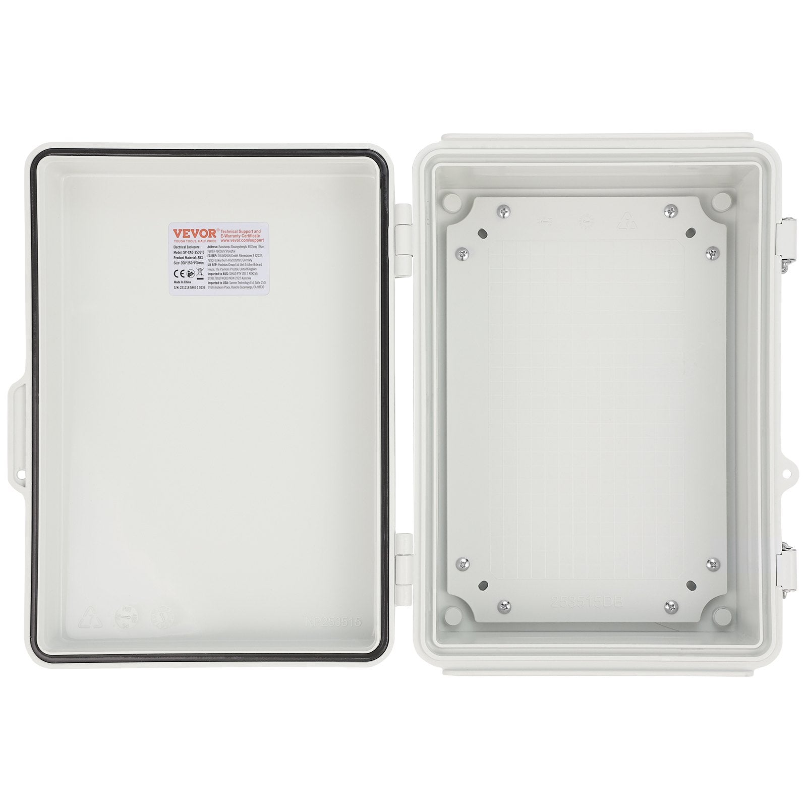 VEVOR Outdoor Electrical Junction Box, 300 x 200 x 180 mm, ABS Plastic Electrical Enclosure Box with Hinged Cover Stainless Steel Latch, IP67 Dustproof Waterproof for Outdoor Electrical Projects