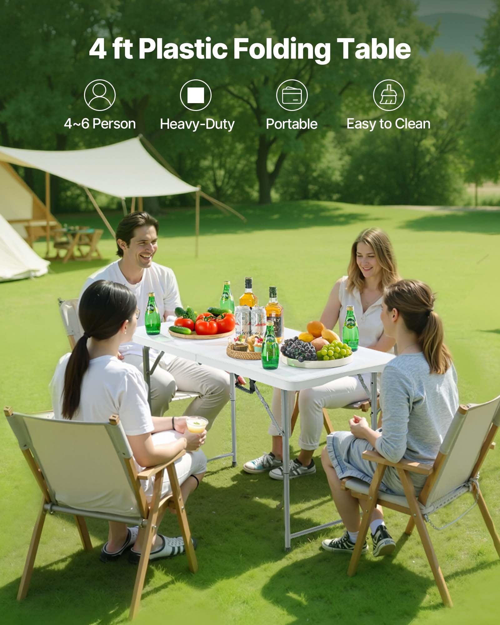 VEVOR Folding Table, 4 Ft Heavy Duty Portable Fold-in-Half Utility Table, Indoor Outdoor Plastic Rectangle Table with Adjustable Height and Built in Handle, for Party, Dining, Picnic, Camping, White