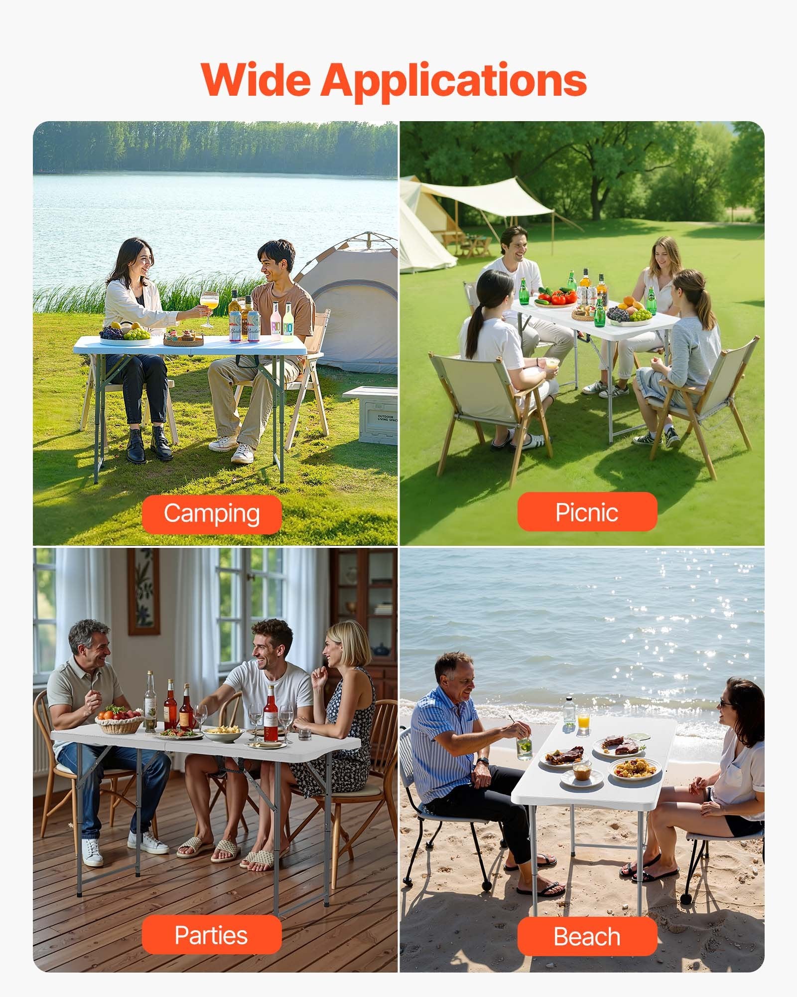 VEVOR Folding Table, 4 Ft Heavy Duty Portable Fold-in-Half Utility Table, Indoor Outdoor Plastic Rectangle Table with Adjustable Height and Built in Handle, for Party, Dining, Picnic, Camping, White