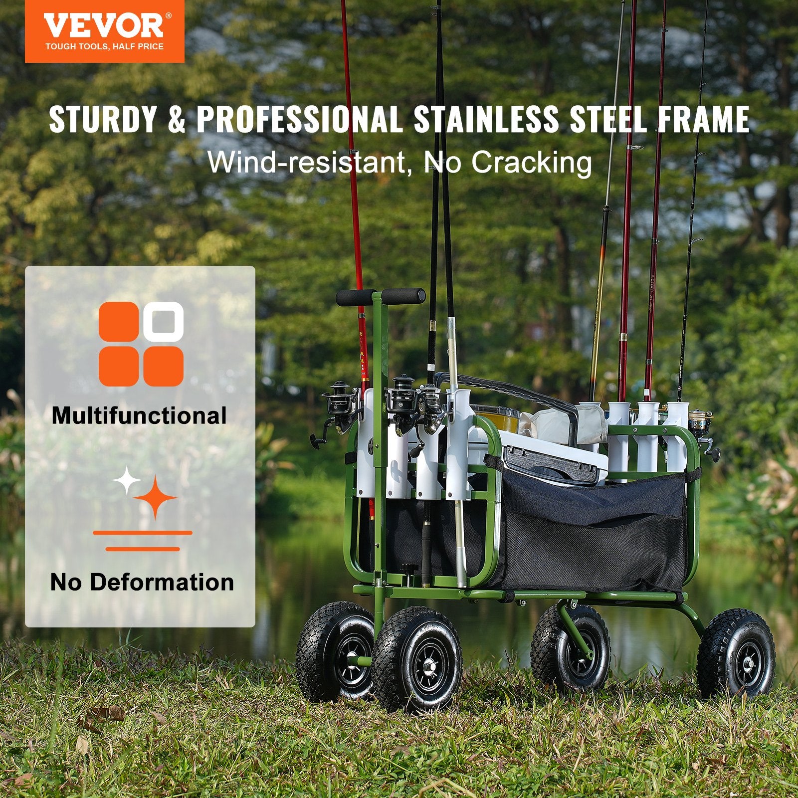 VEVOR Beach Fishing Cart, 136kg Load Capacity, Foldable Fish and Marine Cart with Four 280mm Big Wheels Rubber Balloon Tires, Heavy-Duty Steel Pier Wagon Trolley with 8 Rod Holders for Picnic