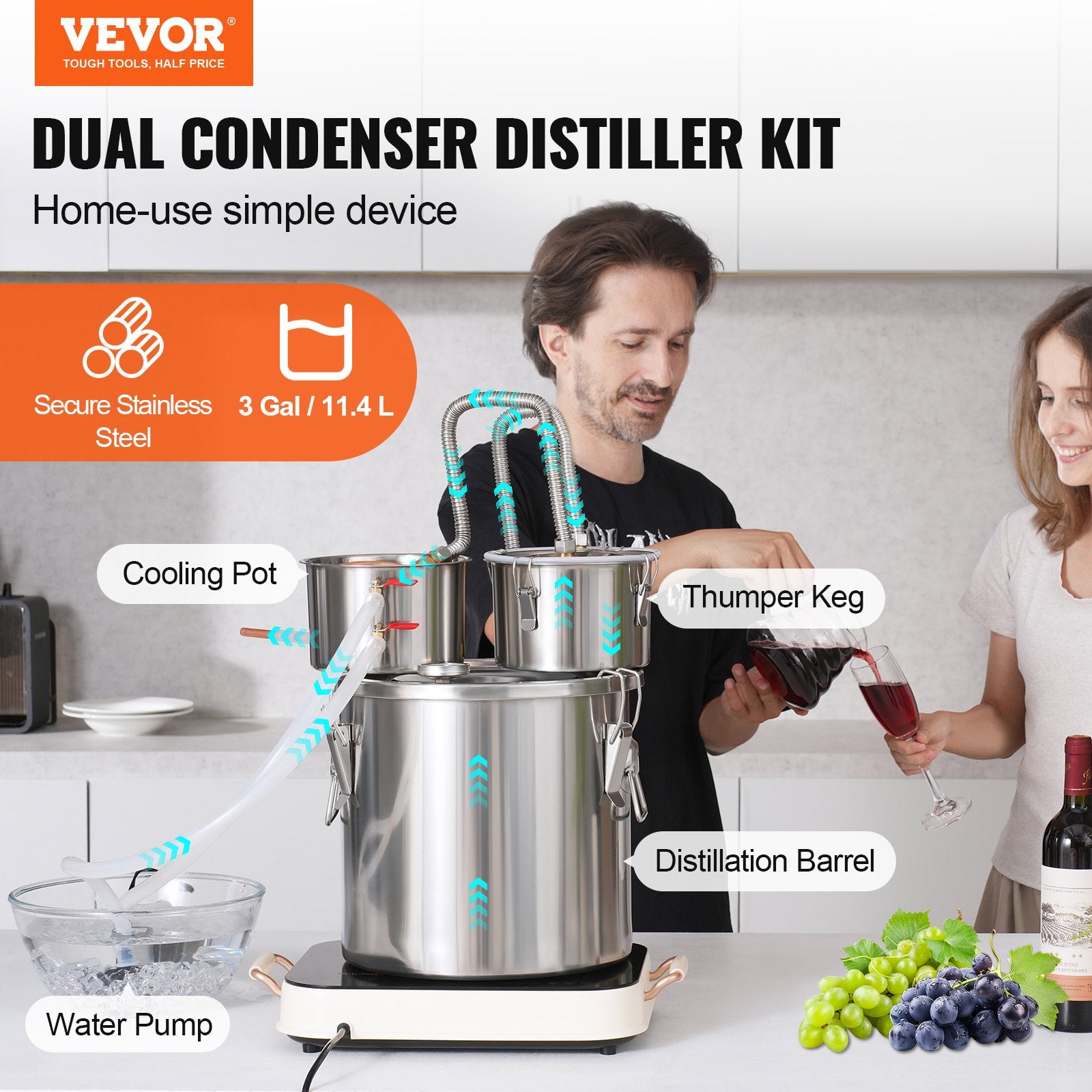 VEVOR Alcohol Still, 3 Gal / 11.4 L Stainless Steel Water Alcohol Distiller with Copper Coil for Fast Cooling, Dual Condenser Distiller Kit with Secondary Distillation, for Wine Whisky Brandy, Silver