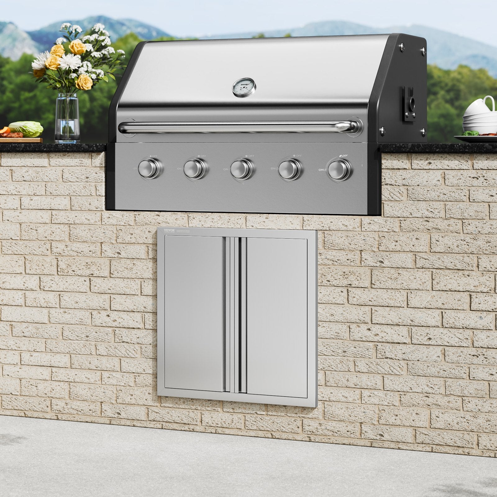 VEVOR BBQ Access Door, 610x610 mm Double Outdoor Kitchen Door, Stainless Steel Flush Mount Door, Wall Vertical Door with Recessed Handles , for BBQ Island, Grilling Station, Outside Cabinet