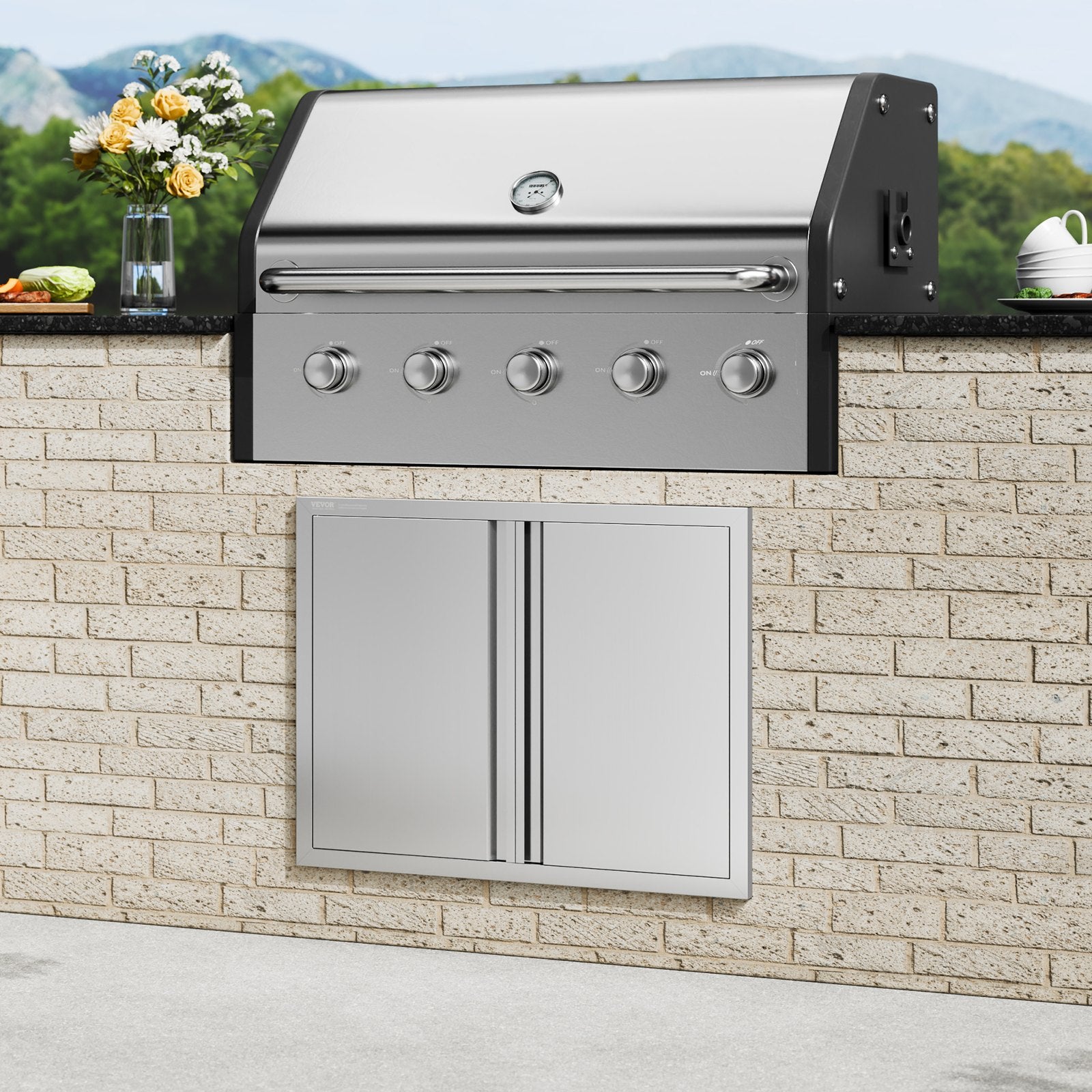 VEVOR BBQ Access Door, 787x609 mm Double Outdoor Kitchen Door, Stainless Steel Flush Mount Door, Wall Vertical Door with Recessed Handles , for BBQ Island, Grilling Station, Outside Cabinet