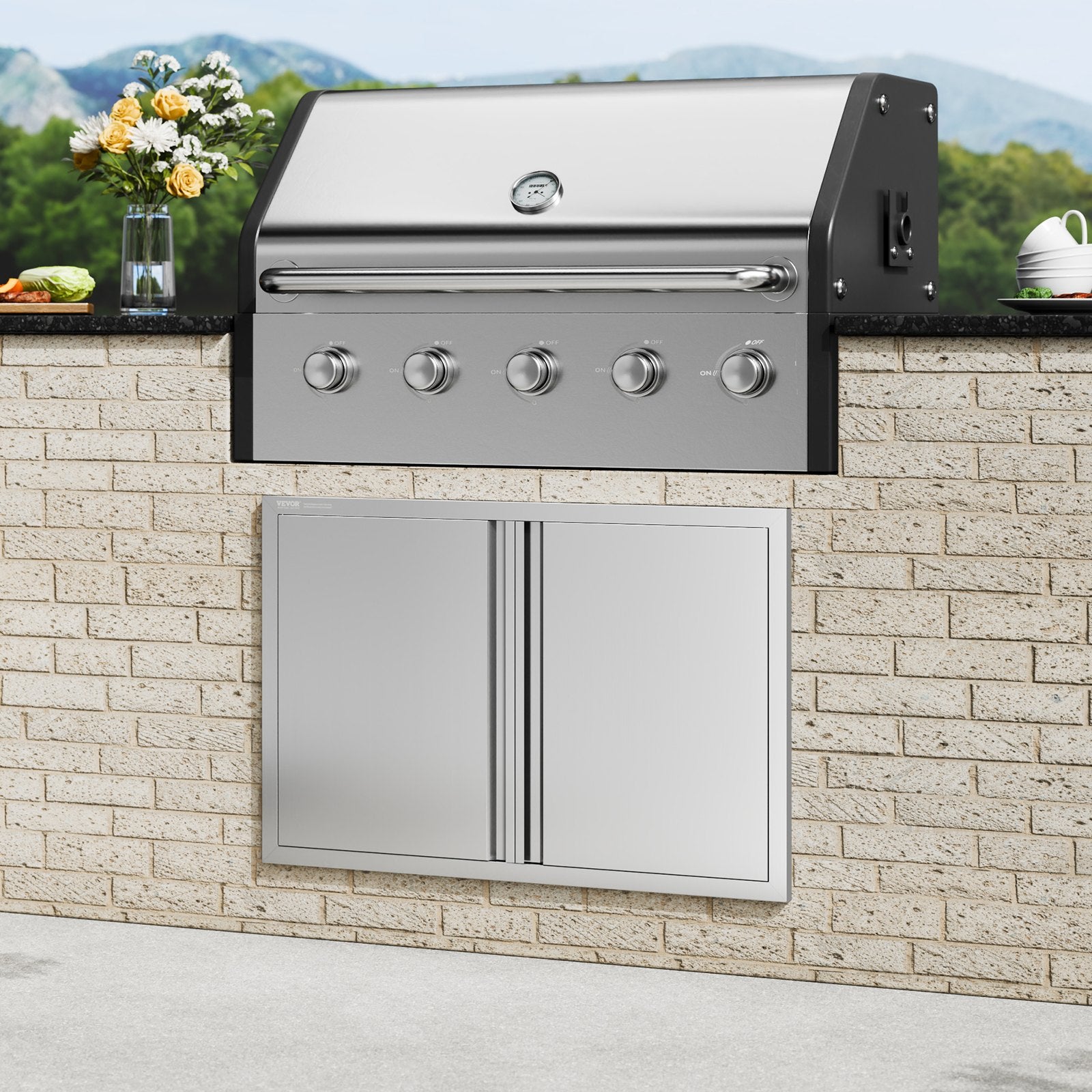 VEVOR BBQ Access Door, 914x610 mm Double Outdoor Kitchen Door, Stainless Steel Flush Mount Door, Wall Vertical Door with Recessed Handles , for BBQ Island, Grilling Station, Outside Cabinet