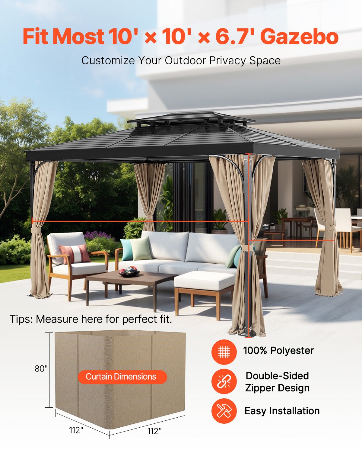 VEVOR Gazebo Curtains Outdoor, Fit Most 10' x 10' x 6.7' Gazebos, 4-Panel Sidewall Gazebo Privacy Curtains with Zippers, Outdoor Curtain Replacement for Patio Canopy, Only Curtain, Khaki
