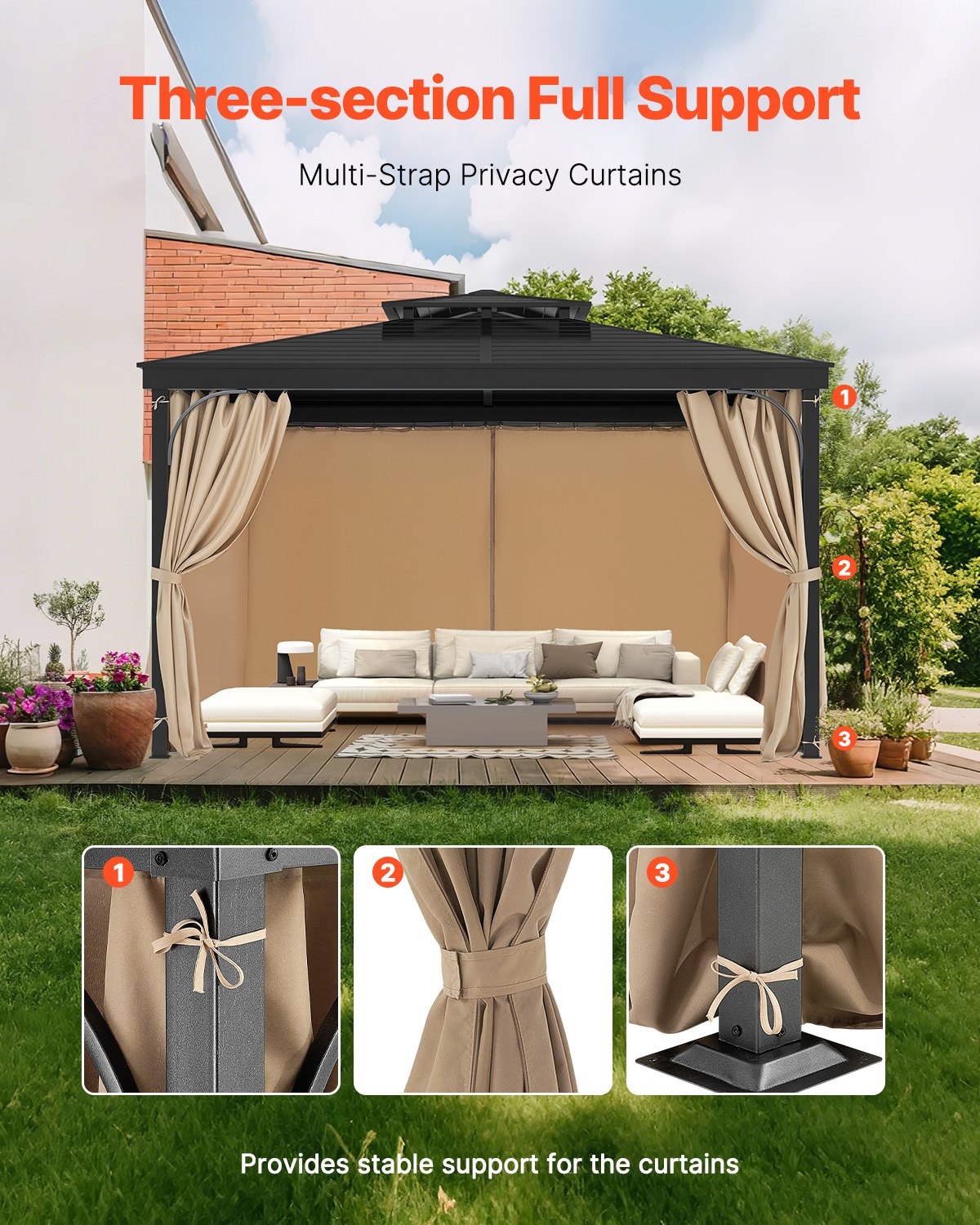 VEVOR Gazebo Curtains Outdoor, Fit Most 10' x 10' x 6.7' Gazebos, 4-Panel Sidewall Gazebo Privacy Curtains with Zippers, Outdoor Curtain Replacement for Patio Canopy, Only Curtain, Khaki