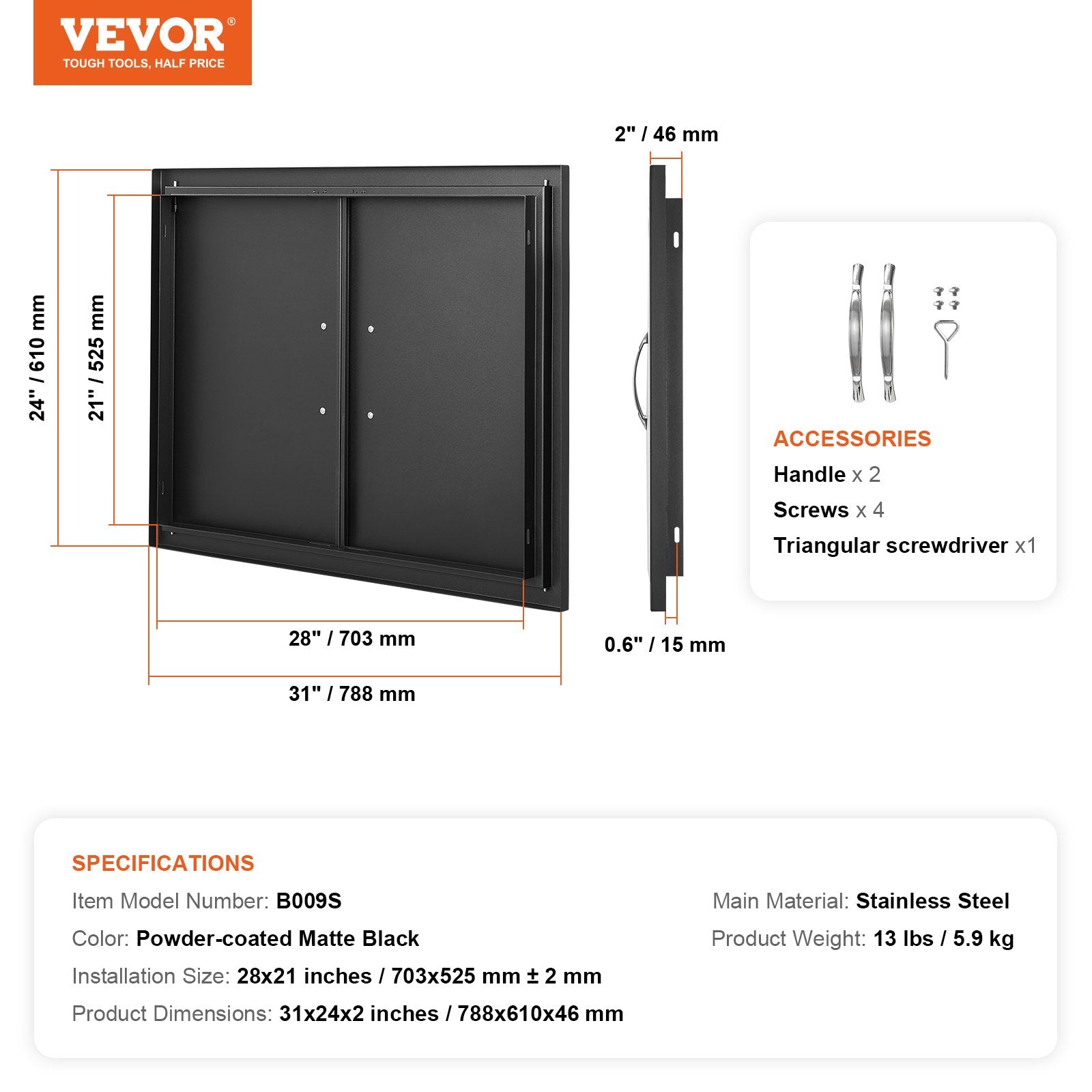 VEVOR BBQ Access Door, 788x610 mm Double Outdoor Kitchen Door, Cold Plate Flush Mount Door, Wall Vertical Door with Handles, for BBQ Island, Grilling Station, Outside Cabinet