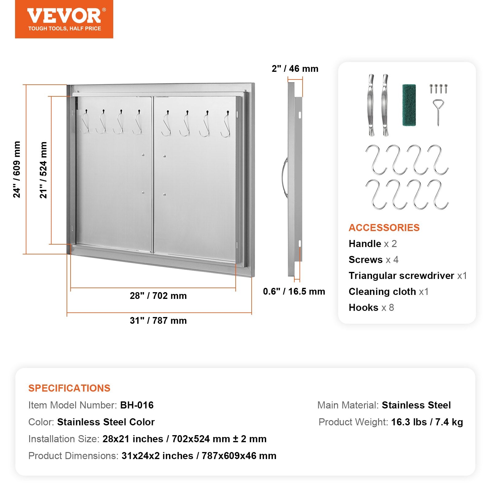 VEVOR BBQ Access Door, 787x609 mm Double Outdoor Kitchen Door, Stainless Steel Flush Mount Door, Double Wall Vertical Door with Handles and Hooks, for BBQ Island, Grilling Station, Outside Cabinet