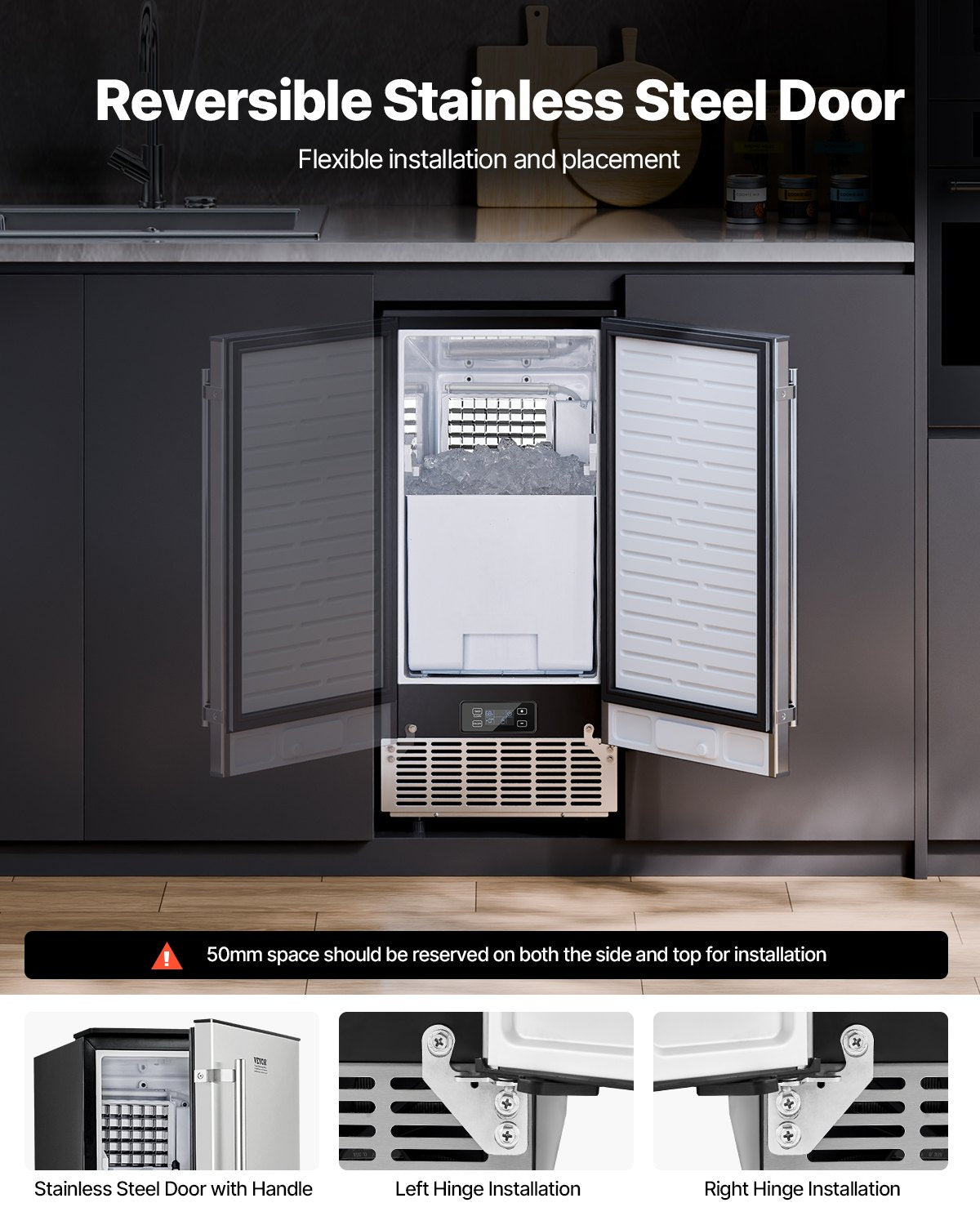 VEVOR Undercounter Built-in Ice Maker, 80 Lbs/Day Under Counter Ice Maker Machine with Reversible Door Stainless Steel, Freestanding Ice Maker for Commercial Home Kitchen, Electric Drainage