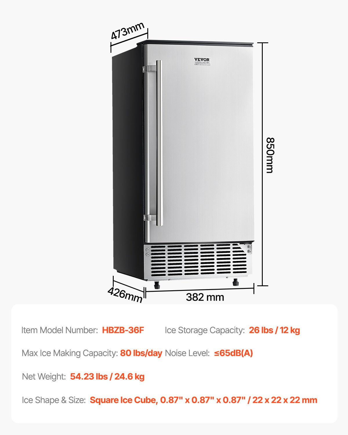 VEVOR Undercounter Built-in Ice Maker, 80 Lbs/Day Under Counter Ice Maker Machine with Reversible Door Stainless Steel, Freestanding Ice Maker for Commercial Home Kitchen, Electric Drainage