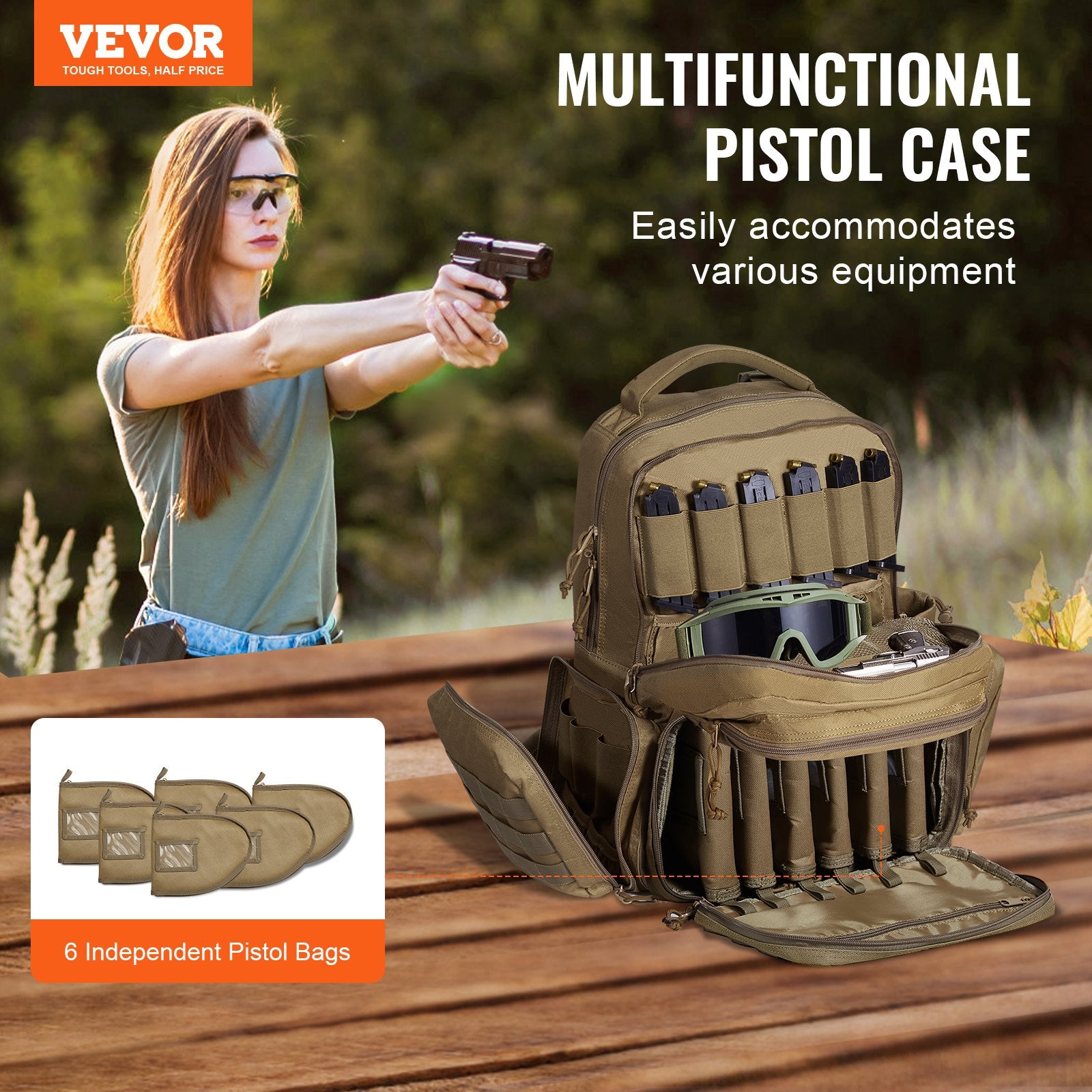 VEVOR Tactical Range Backpack for 6 Pistols, Gun Backpack with 6 Independent Pistol Bags & 10 Magazines, Pistol Backpack for Outdoor Hunting Shooting, Range Bag for Handguns Lockable Zipper, Brown