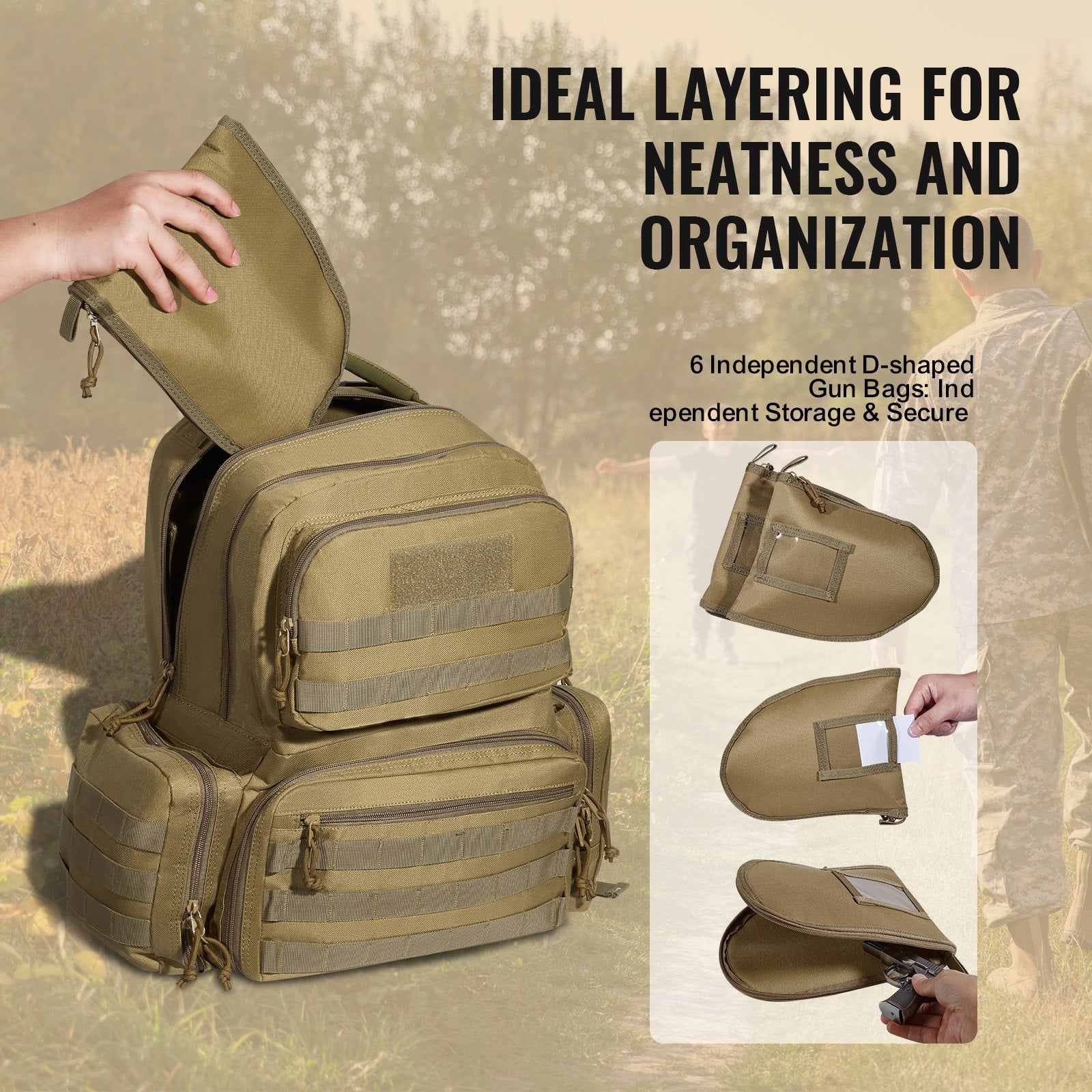 VEVOR Tactical Range Backpack for 6 Pistols, Gun Backpack with 6 Independent Pistol Bags & 10 Magazines, Pistol Backpack for Outdoor Hunting Shooting, Range Bag for Handguns Lockable Zipper, Brown