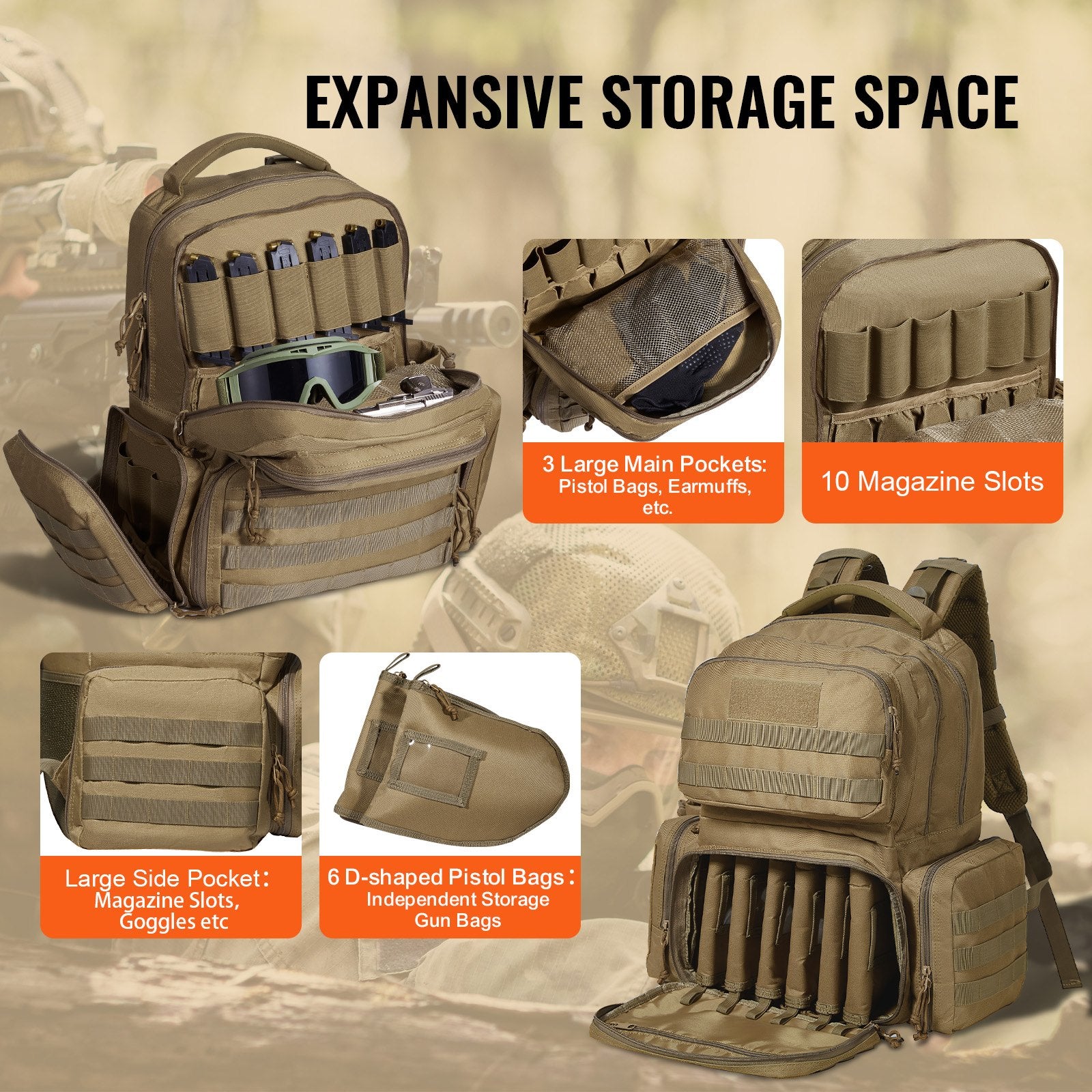 VEVOR Tactical Range Backpack for 6 Pistols, Gun Backpack with 6 Independent Pistol Bags & 10 Magazines, Pistol Backpack for Outdoor Hunting Shooting, Range Bag for Handguns Lockable Zipper, Brown