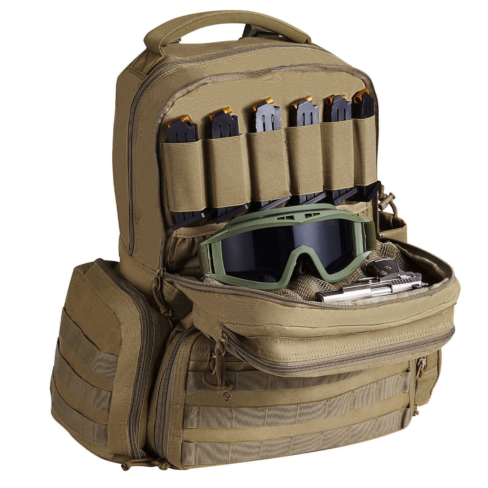 VEVOR Tactical Range Backpack for 6 Pistols, Gun Backpack with 6 Independent Pistol Bags & 10 Magazines, Pistol Backpack for Outdoor Hunting Shooting, Range Bag for Handguns Lockable Zipper, Brown