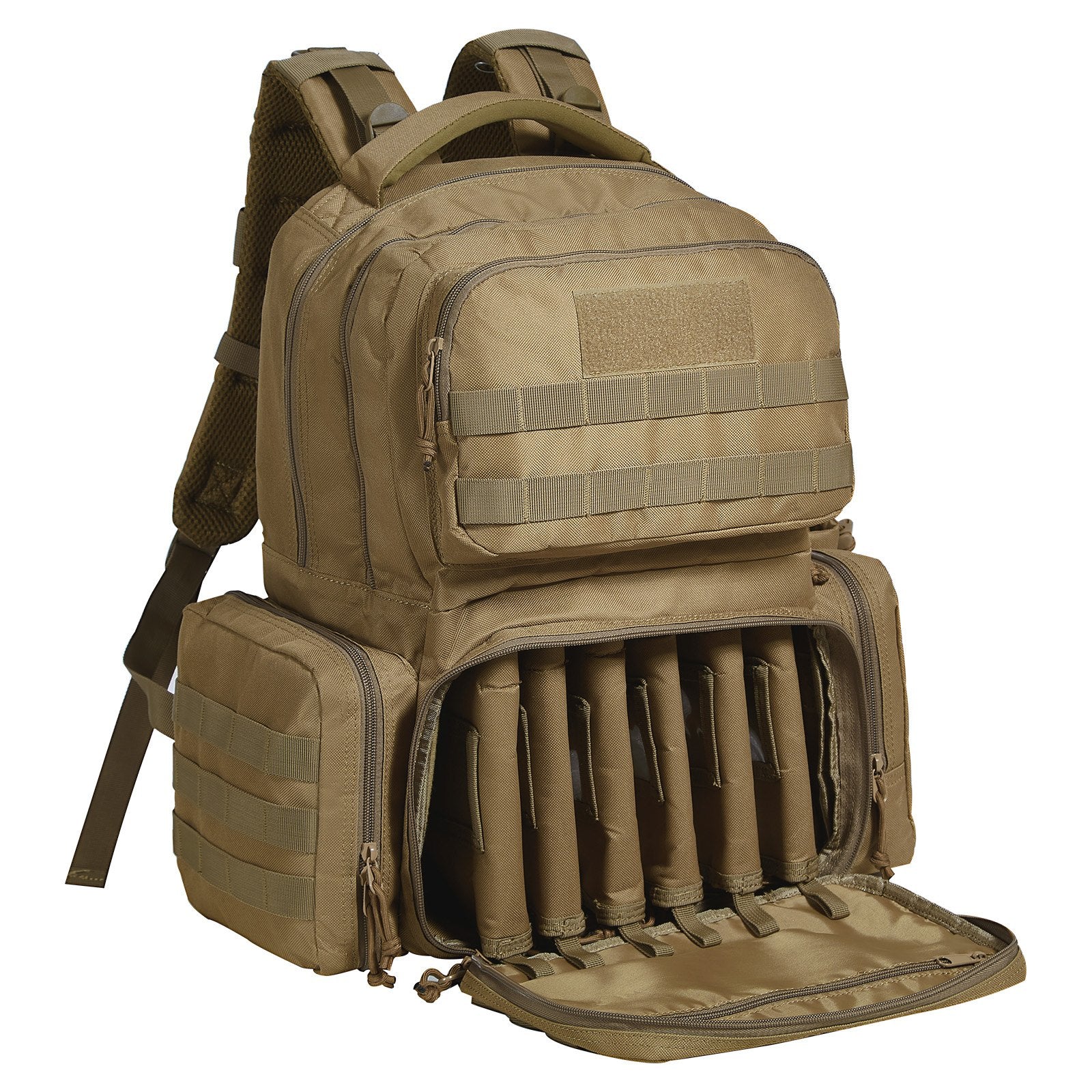 VEVOR Tactical Range Backpack for 6 Pistols, Gun Backpack with 6 Independent Pistol Bags & 10 Magazines, Pistol Backpack for Outdoor Hunting Shooting, Range Bag for Handguns Lockable Zipper, Brown