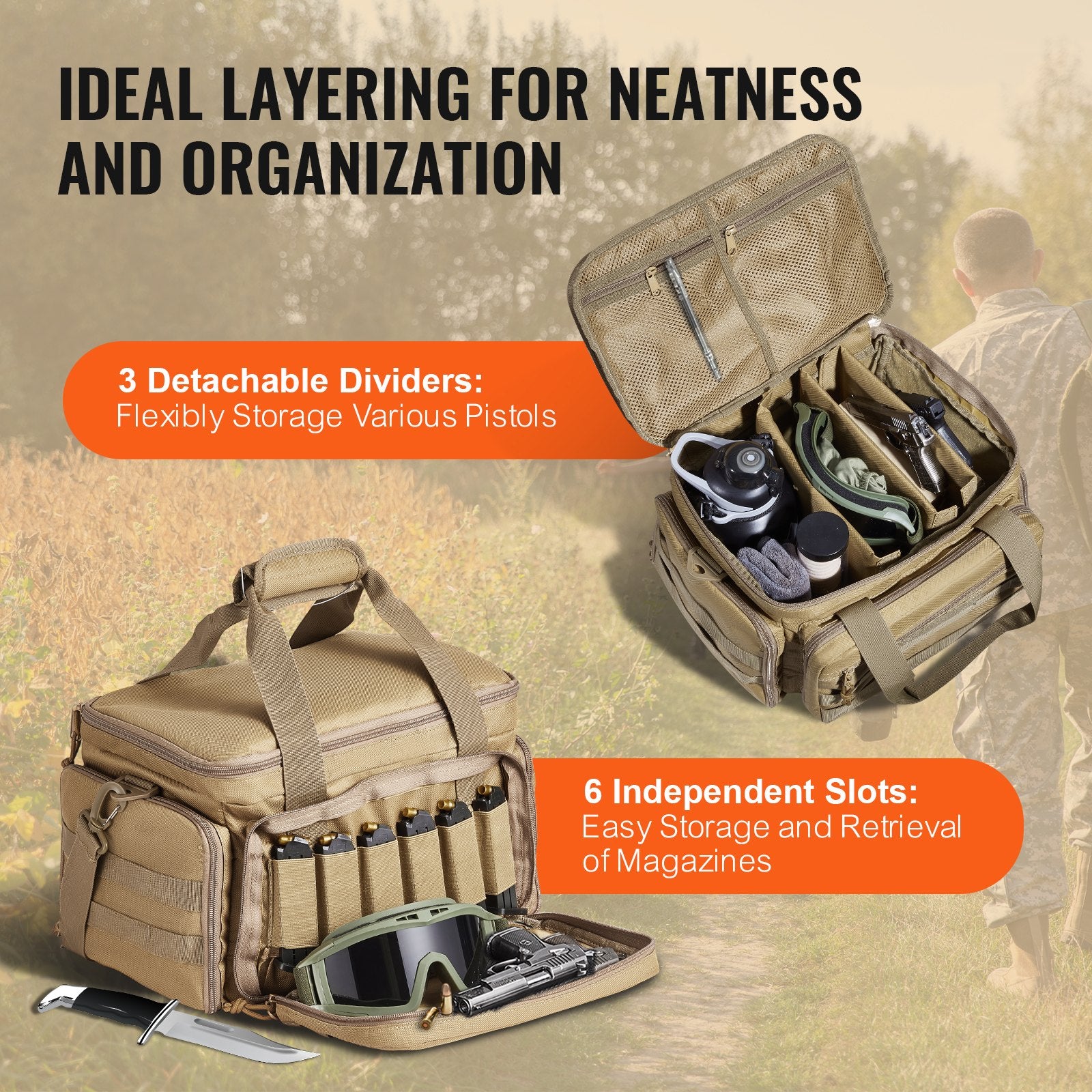 VEVOR Range Bag for 4 Pistols, Tactical Gun Range Bag with 3 Detachable Baffles & 6 Magazines, Firearm Shooting Handgun Bag for Outdoor Hunting Shooting Pistol Bag with Single Shoulder Strip, Brown
