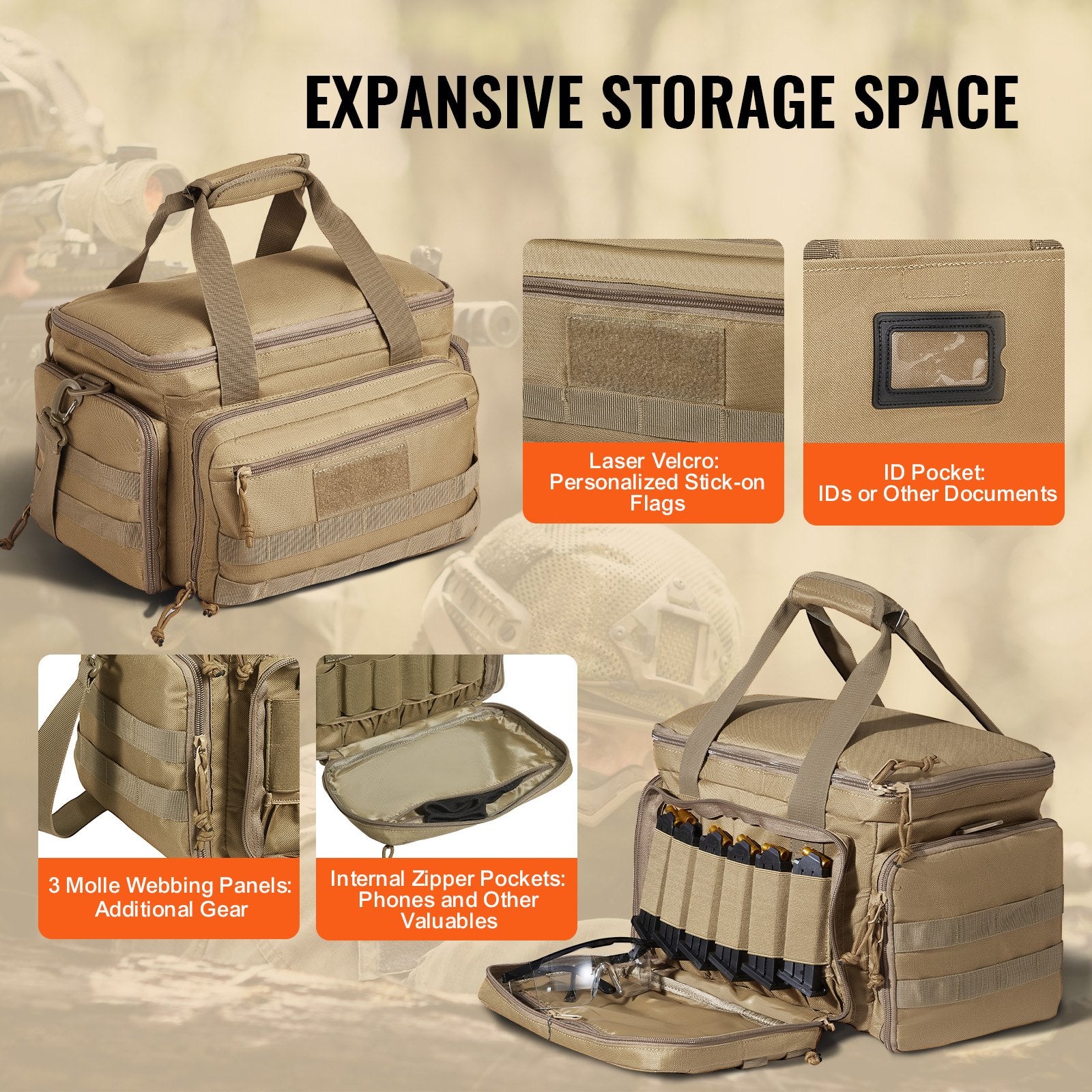 VEVOR Range Bag for 4 Pistols, Tactical Gun Range Bag with 3 Detachable Baffles & 6 Magazines, Firearm Shooting Handgun Bag for Outdoor Hunting Shooting Pistol Bag with Single Shoulder Strip, Brown