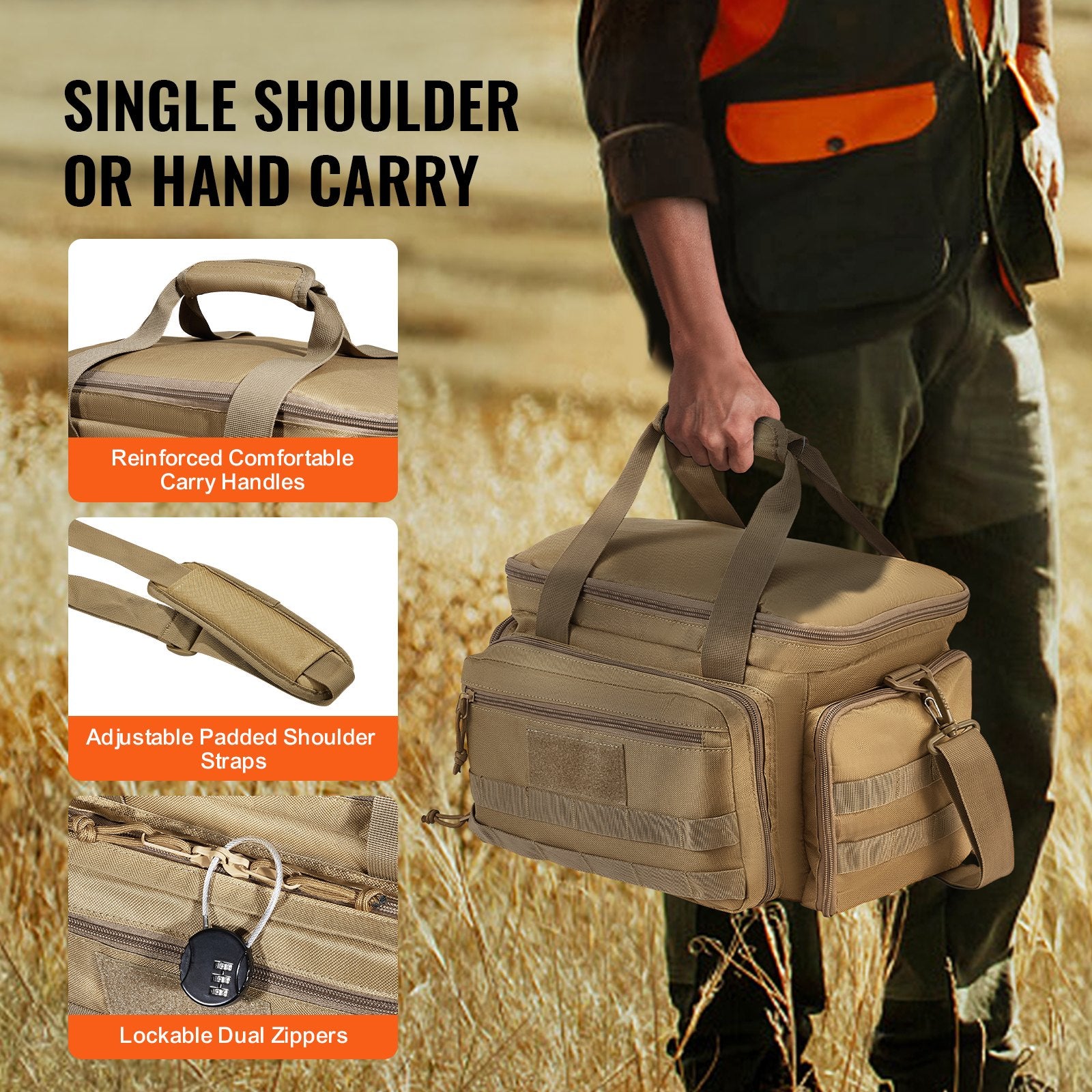 VEVOR Range Bag for 4 Pistols, Tactical Gun Range Bag with 3 Detachable Baffles & 6 Magazines, Firearm Shooting Handgun Bag for Outdoor Hunting Shooting Pistol Bag with Single Shoulder Strip, Brown