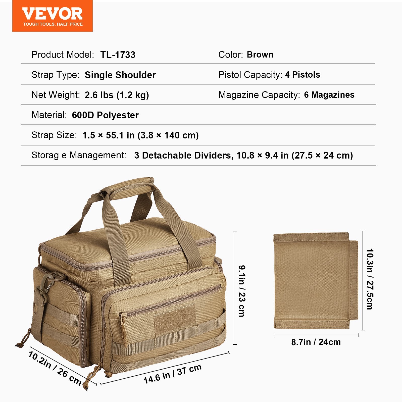 VEVOR Range Bag for 4 Pistols, Tactical Gun Range Bag with 3 Detachable Baffles & 6 Magazines, Firearm Shooting Handgun Bag for Outdoor Hunting Shooting Pistol Bag with Single Shoulder Strip, Brown