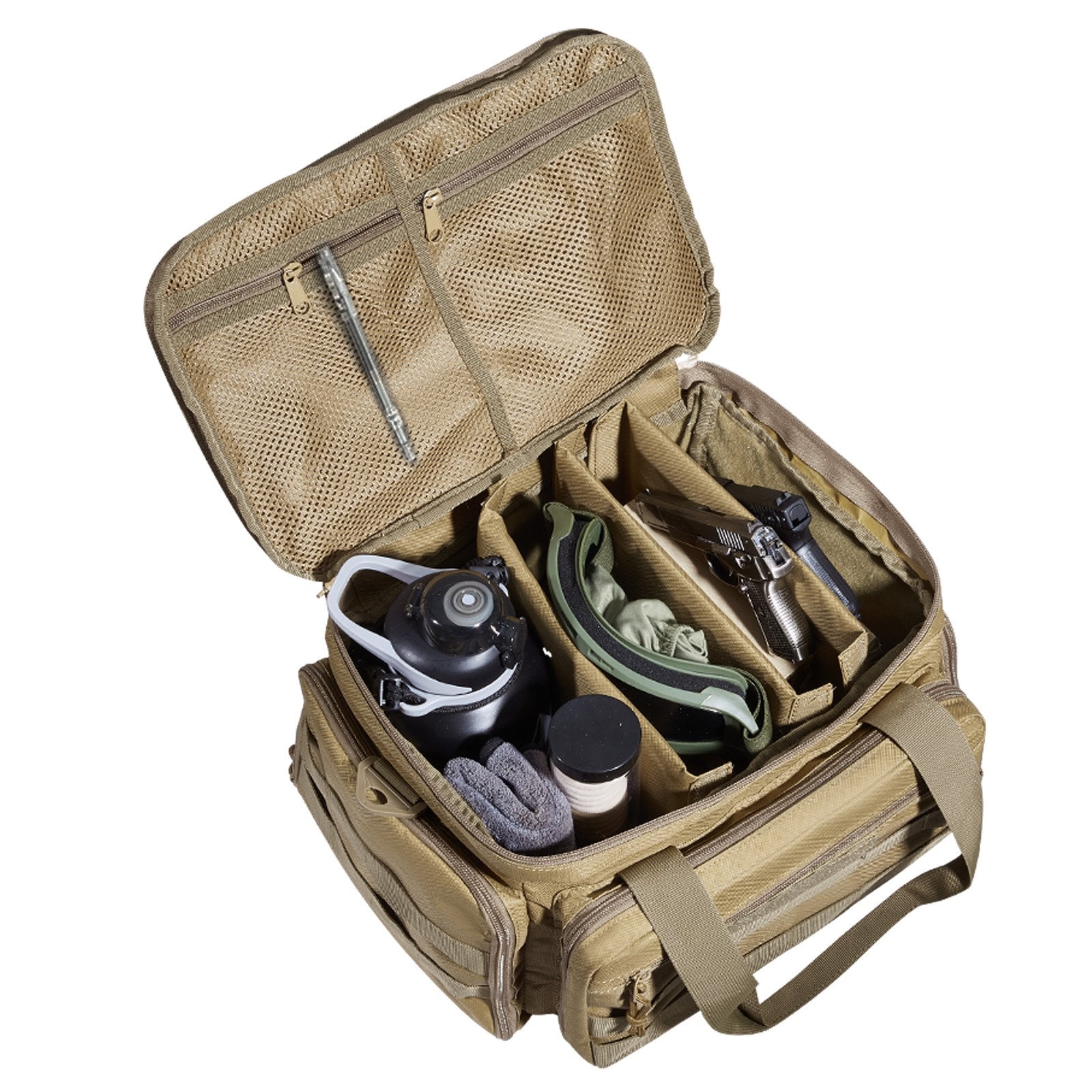 VEVOR Range Bag for 4 Pistols, Tactical Gun Range Bag with 3 Detachable Baffles & 6 Magazines, Firearm Shooting Handgun Bag for Outdoor Hunting Shooting Pistol Bag with Single Shoulder Strip, Brown