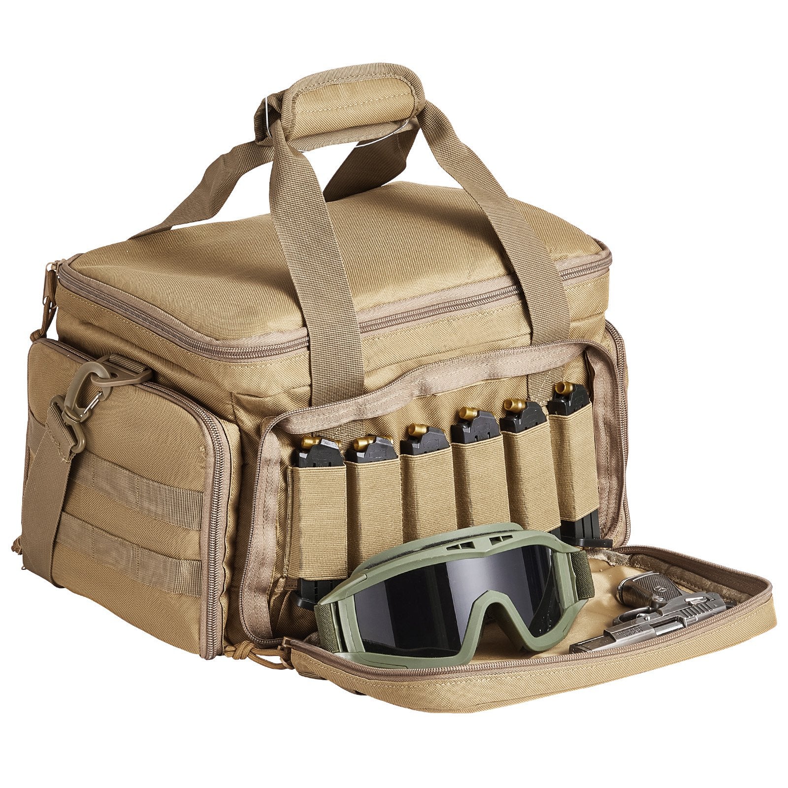 VEVOR Range Bag for 4 Pistols, Tactical Gun Range Bag with 3 Detachable Baffles & 6 Magazines, Firearm Shooting Handgun Bag for Outdoor Hunting Shooting Pistol Bag with Single Shoulder Strip, Brown
