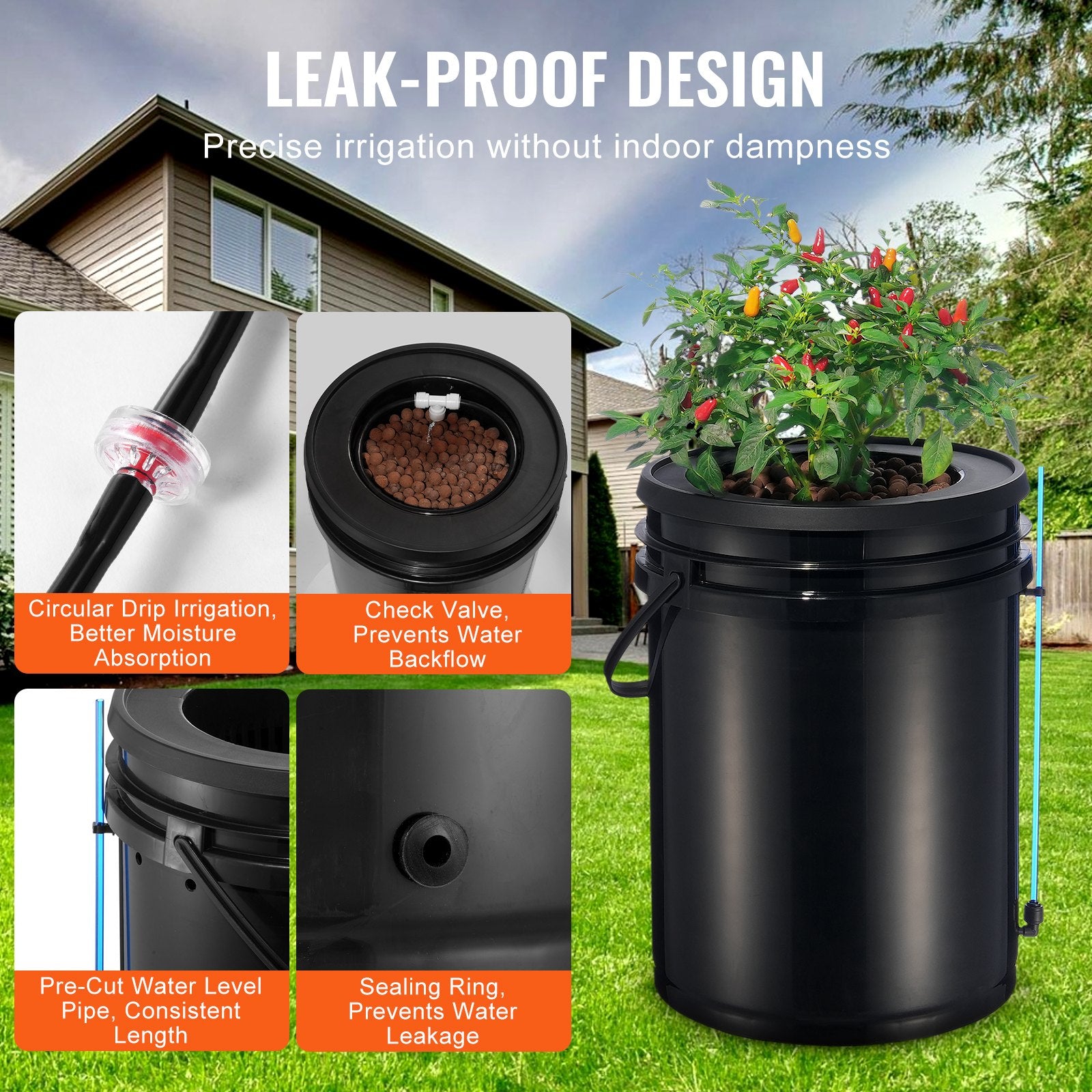 VEVOR RDWC Hydroponics Grow System, Hydroponic Growing Kit with Top Drip, Recirculating Deep Water Culture 4 Buckles and 1 Reservoir, with Air Pump and Water Level Device for Leafy Vegetables
