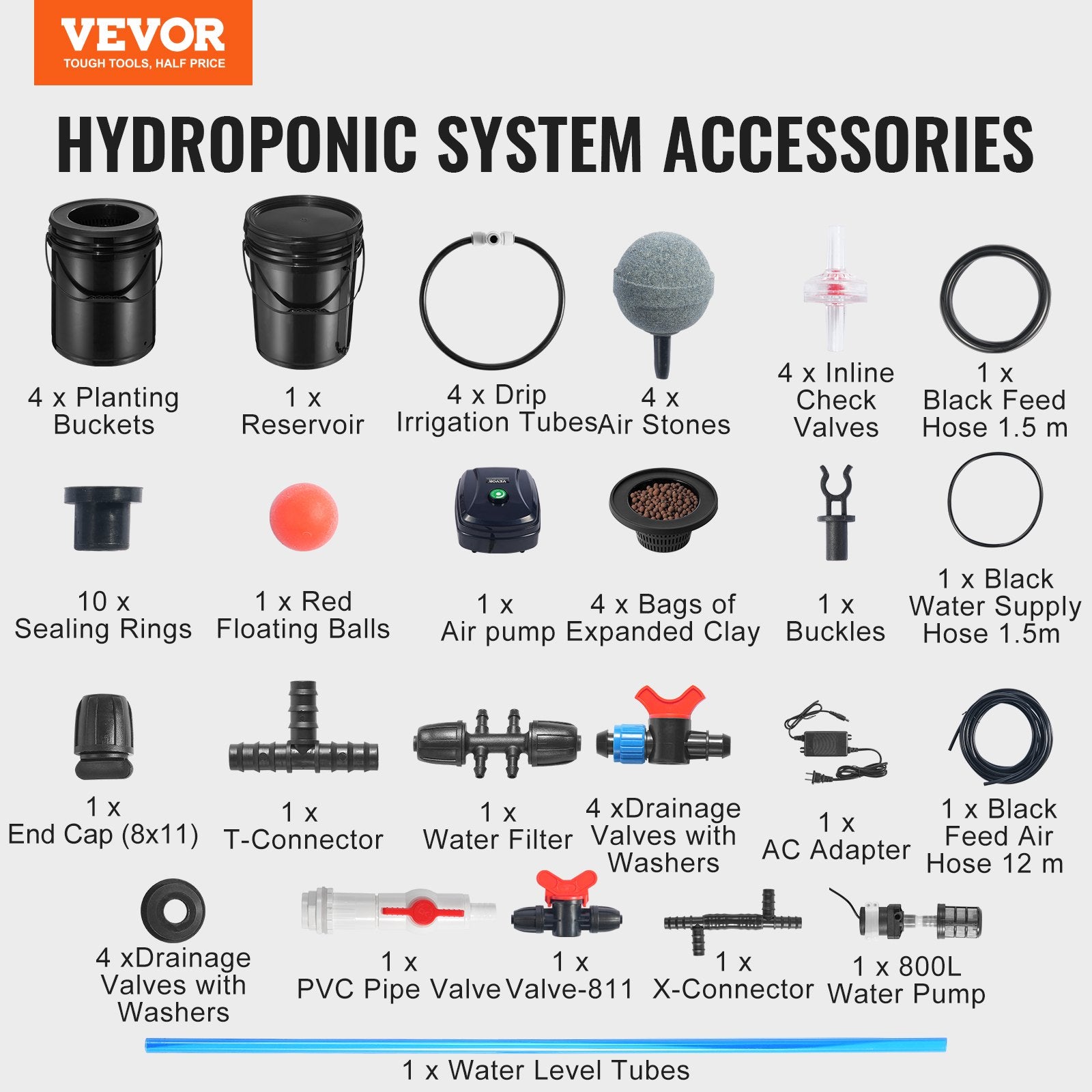 VEVOR RDWC Hydroponics Grow System, Hydroponic Growing Kit with Top Drip, Recirculating Deep Water Culture 4 Buckles and 1 Reservoir, with Air Pump and Water Level Device for Leafy Vegetables