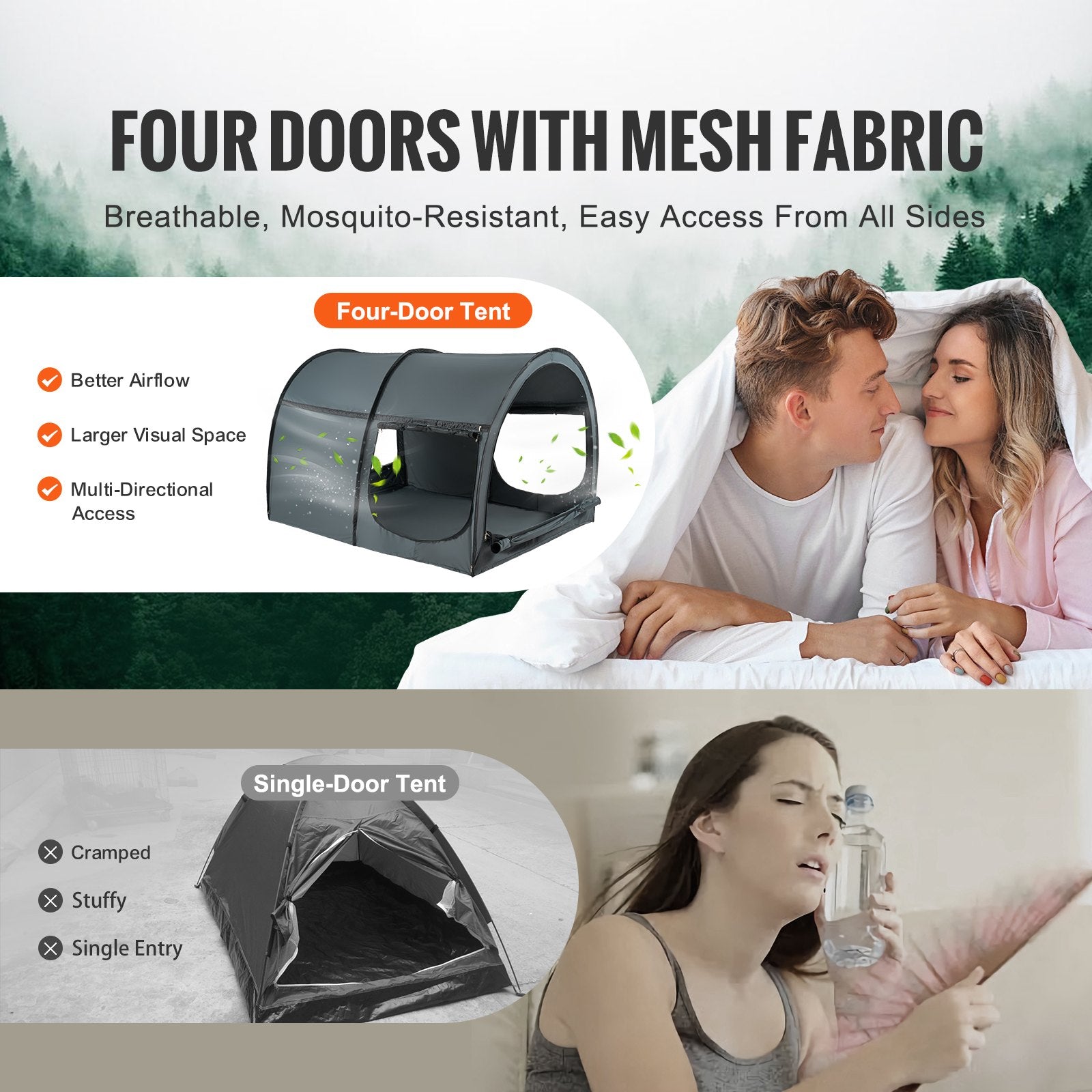 VEVOR Bed Tent, Pongee Fabric, 4 Doors Breathable Dream Tent with 7 mm Fiber Poles on Bed Privacy, Full Size Block out Light Sleeping Bed Canopy, Fit for Kids Playhouse and Adults Sleeping Tent