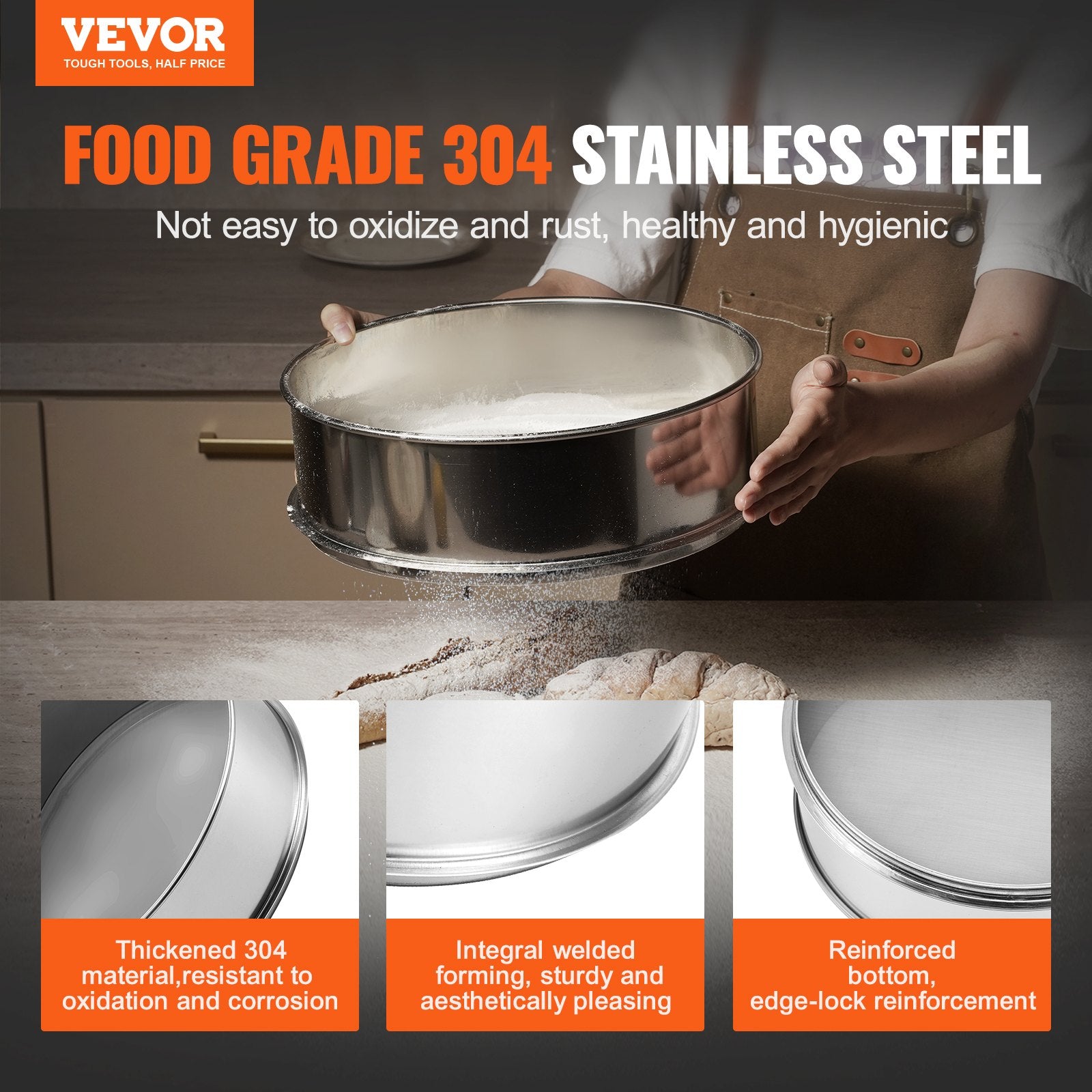 VEVOR Flour Sieve Fine Mesh, 80 Mesh Flour Sifter, 304 Stainless Steel Fine Mesh Sifter Food-grade, Dia. 12.6" Fine Mesh Strainers for Baking, 5 Sizes Mesh hole for Mungbean, Rice, Flour, Pearl Powder