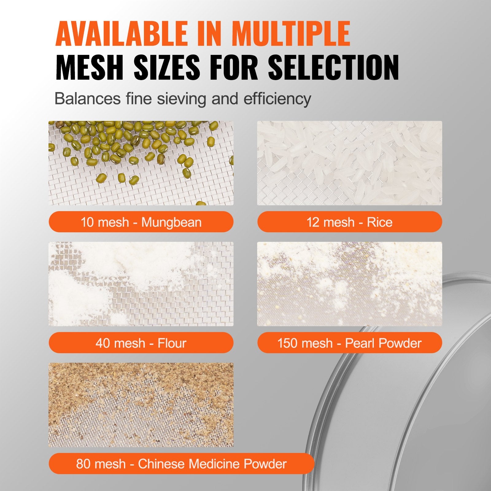 VEVOR Flour Sieve Fine Mesh, 80 Mesh Flour Sifter, 304 Stainless Steel Fine Mesh Sifter Food-grade, Dia. 12.6" Fine Mesh Strainers for Baking, 5 Sizes Mesh hole for Mungbean, Rice, Flour, Pearl Powder