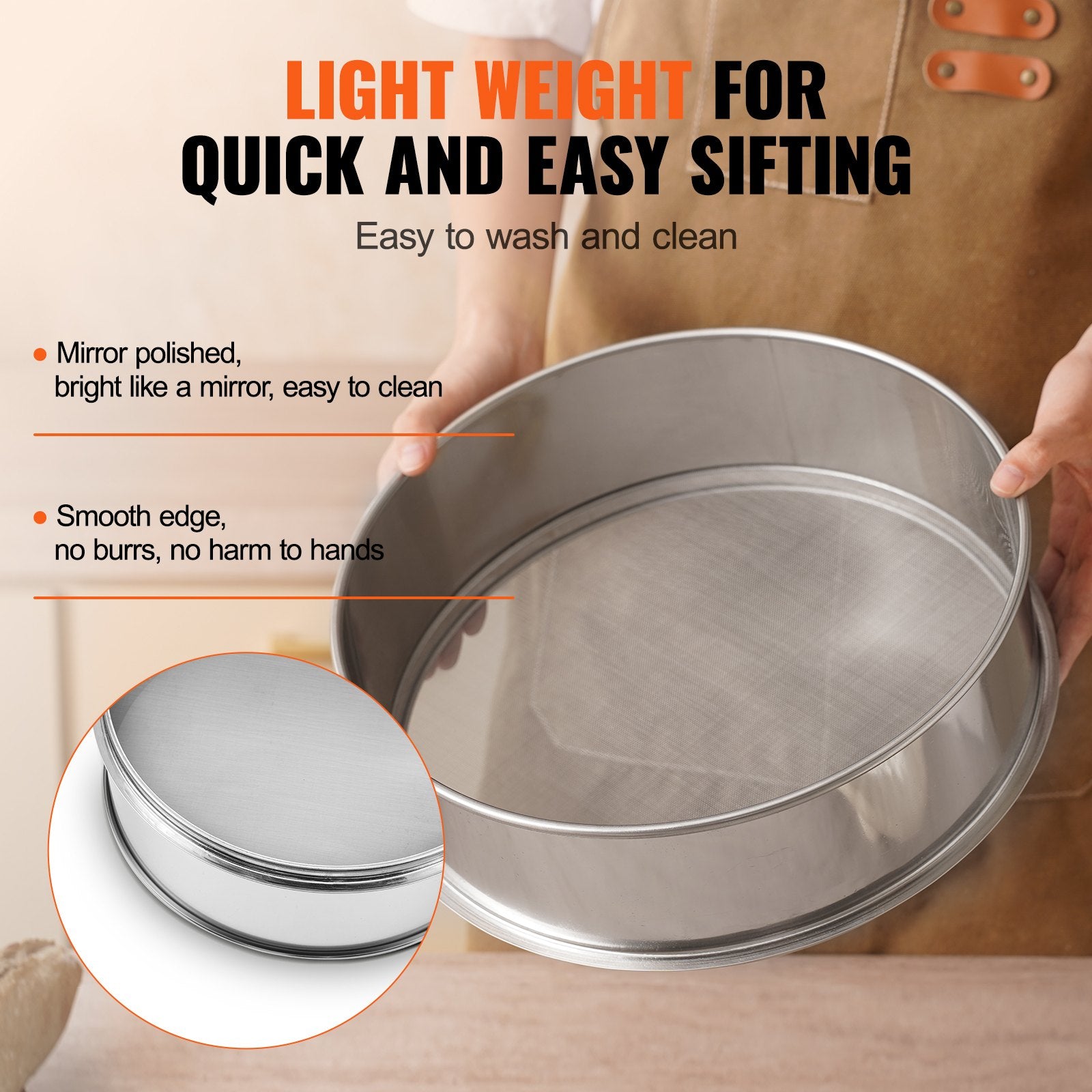 VEVOR Flour Sieve Fine Mesh, 80 Mesh Flour Sifter, 304 Stainless Steel Fine Mesh Sifter Food-grade, Dia. 12.6" Fine Mesh Strainers for Baking, 5 Sizes Mesh hole for Mungbean, Rice, Flour, Pearl Powder