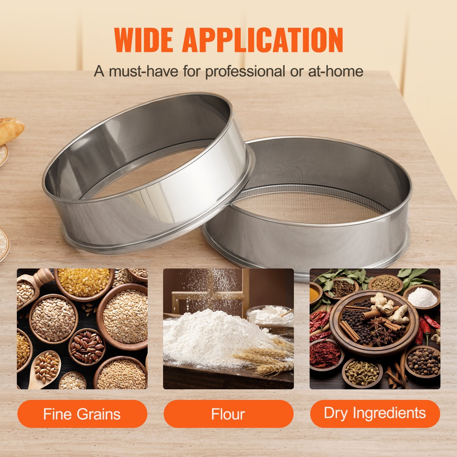 VEVOR Flour Sieve Fine Mesh, 80 Mesh Flour Sifter, 304 Stainless Steel Fine Mesh Sifter Food-grade, Dia. 12.6" Fine Mesh Strainers for Baking, 5 Sizes Mesh hole for Mungbean, Rice, Flour, Pearl Powder